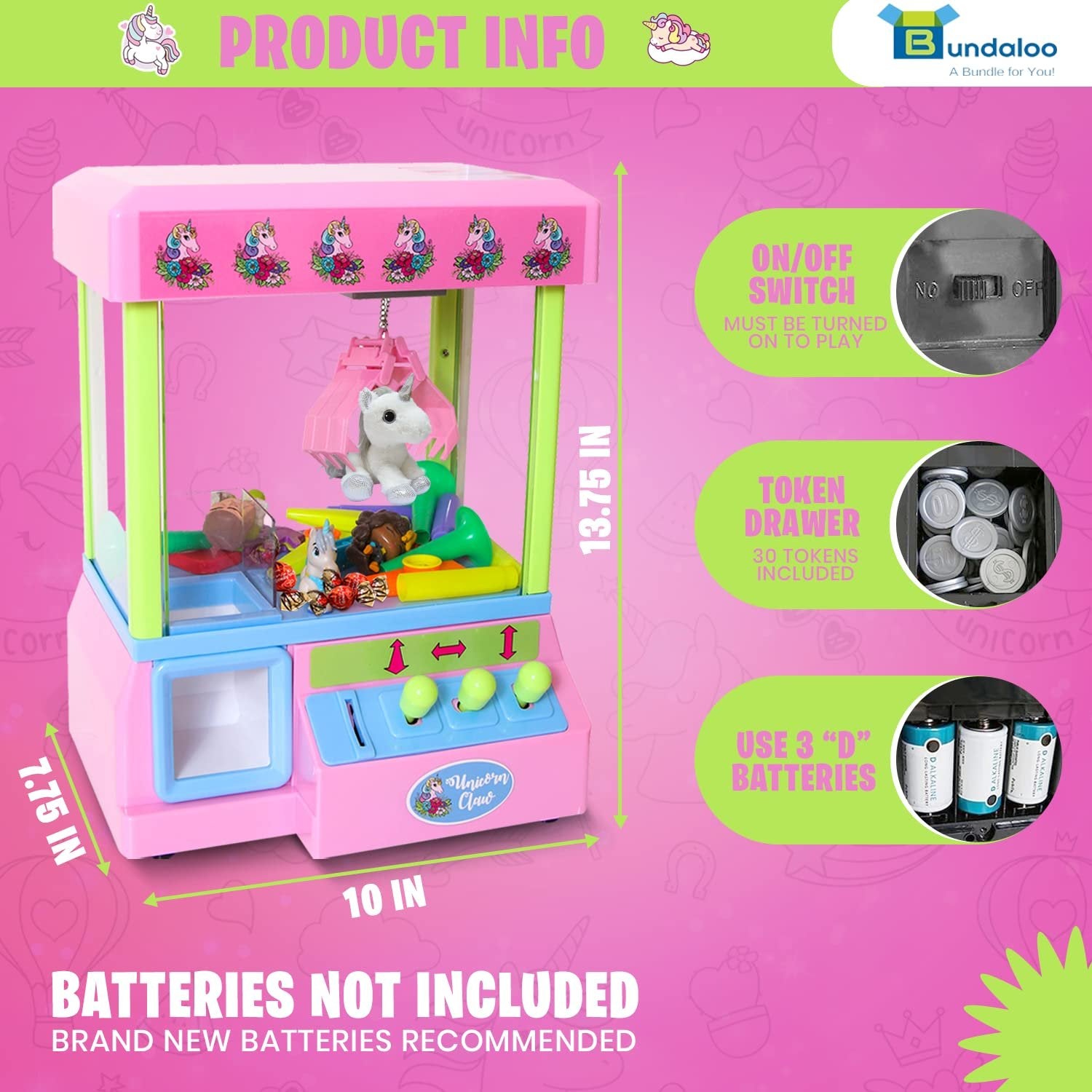 Bundaloo Claw Machine Arcade Game with Sound, Unicorn Themed Mini Candy Grabber Prize Dispenser Vending Toy for Kids, Boys & Girls