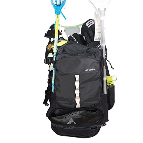 Athletico Lacrosse Bag - Extra Large Lacrosse Backpack - Holds All Lacrosse or Field Hockey Equipment - Two Stick Holders and Separate Cleats Compartment (Black)