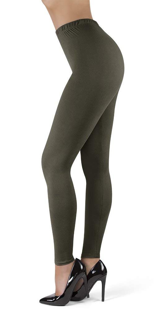 SATINA High Waisted Leggings for Women | Full Length | 1 Inch Waistband (Olive, One Size)