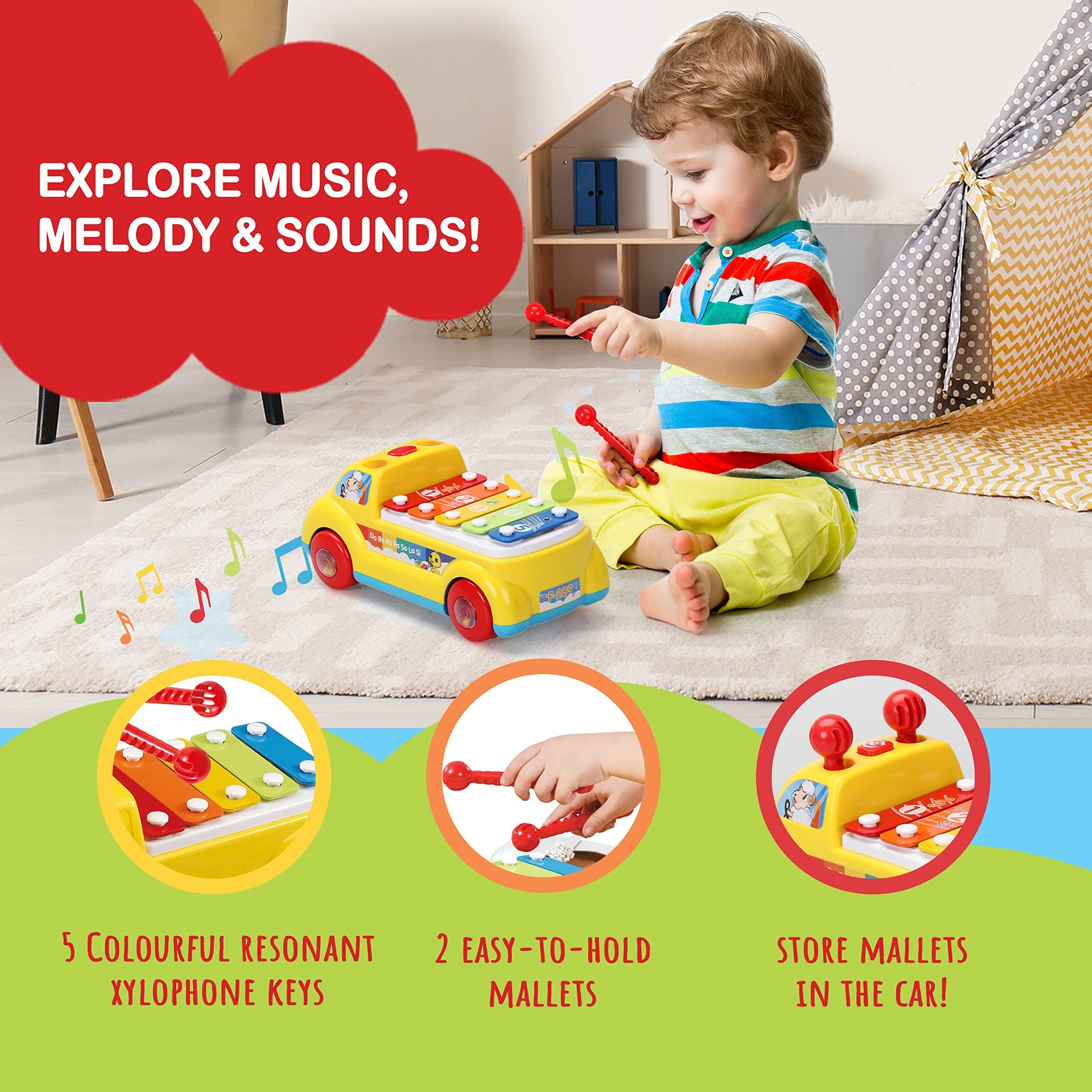 CoolToys Baby Xylophone Musical Car Toy for Toddlers, 3 in 1 Educational Boys & Girls 1st Birthday Gift; Developmental Kids Instrument Toy, Crawling Toy and Pull Along Walking Toy, Fun Lights & Sounds