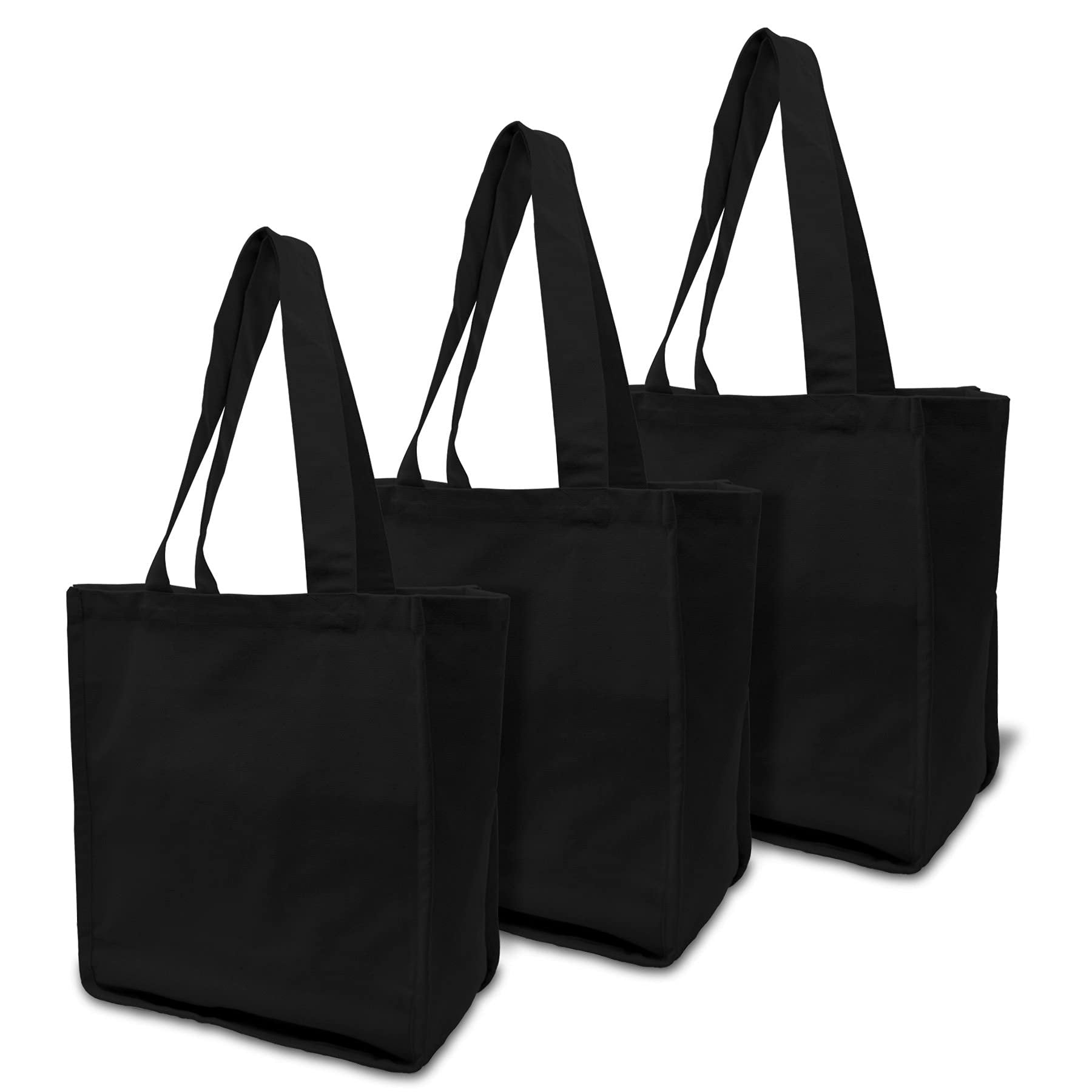 Black Tote Bag - 3 Pack Large Organic Cotton Shopping Tote with Handles & Pockets, Reusable Eco-Friendly Blank Cloth Bags for Groceries, Shopping, Sublimation, Gift Giving, Travel, Bulk - 13.5x16.5x8