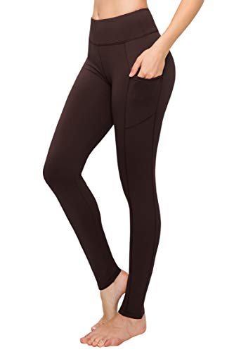 SATINA Womens High Waisted Leggings with Pockets -, Leggings for Regular & Plus Size Women, 3 Inch Waistband, Brown, One Size