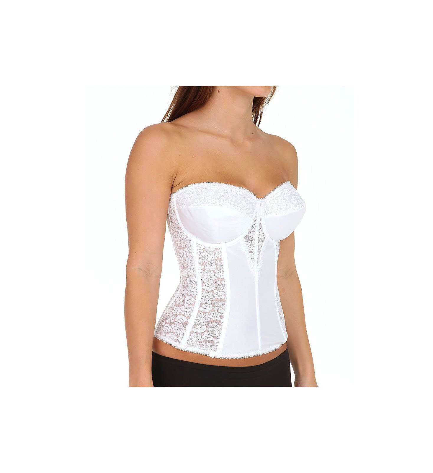 Women's Lace Longline Corset - Full Length Bridal Bra with Garters - Wht-42D White