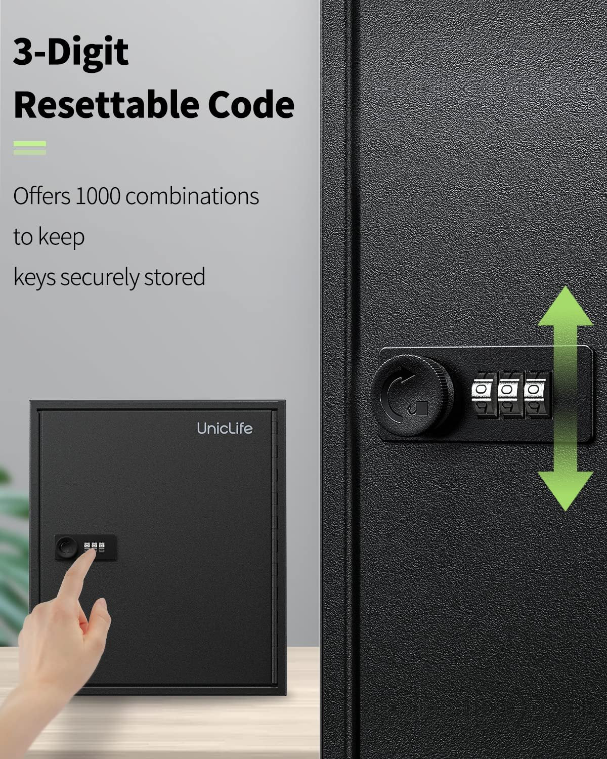 Uniclife 60-Key Slotted Key Cabinet with Combination Lock Wall Mounted Steel Key Organizer with Resettable Code Black Digital Security Box with Slotted Racks White Key Tags and Permanent Marker