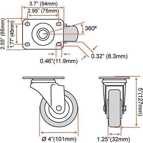8 Pack 4" Caster Wheels Swivel 360 Degree 4 with Brake Swivel and 4 Swivel Plate Combo On Red Polyurethane Wheels with Hardware