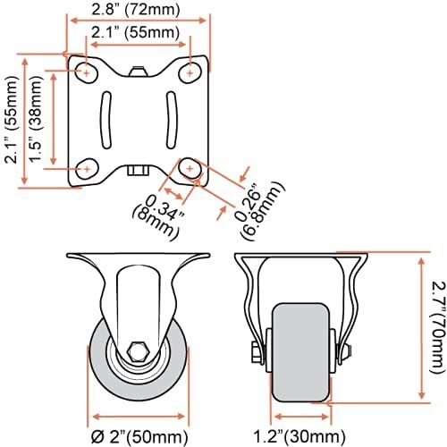 FactorDuty 2 inch Heavy Duty Polyurethane Caster Wheels Rigid Fixed Non Swivel Industrial Grade Solid Low Profile Smooth and Silent 1000LB Capacity Pack of 4