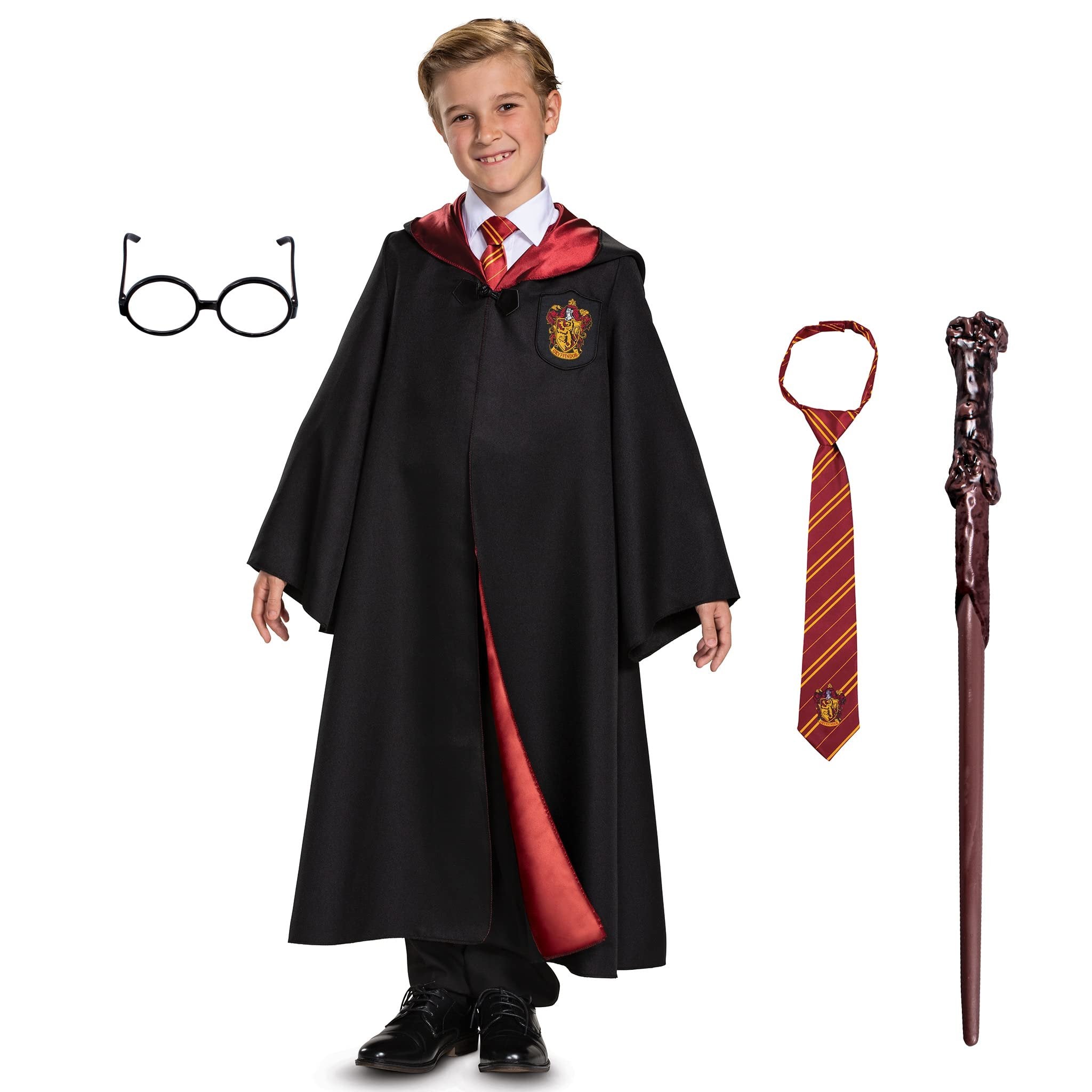 Harry Potter Gryffindor Costume Combo, Official Wizarding World Deluxe Robe with Tie, Glasses and Wand, Kids Size Large (10-12)