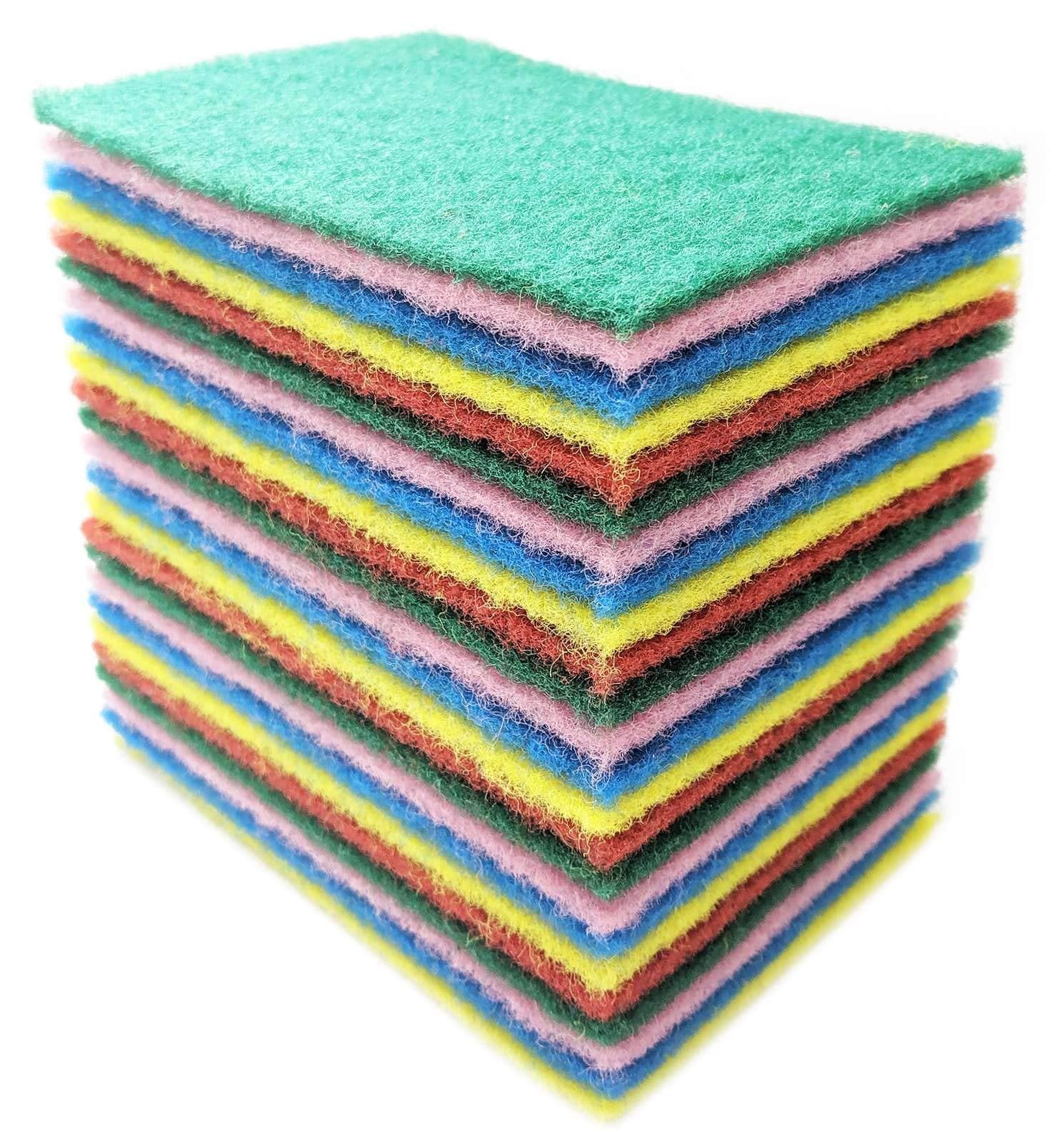 Bundaloo 24 Pack Scouring Pads Scrubbers Set in Red, Yellow, Pink, Green and Blue - Multipurpose, Non Abrasive, Non Scratch - Synthetic Fiber Cleaning and Scouring Scrubs - 6x4 Inches…