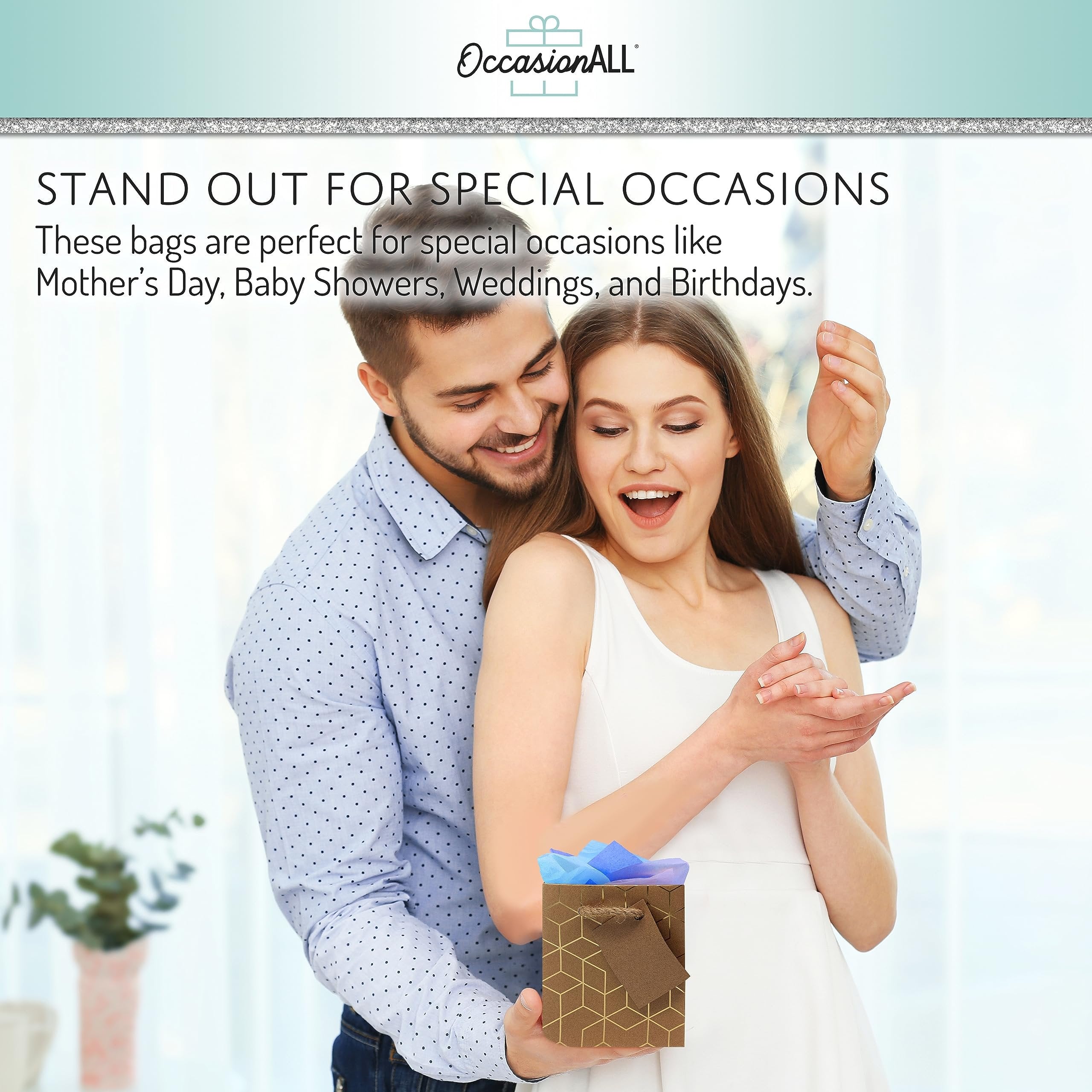 Gold Gift Bags - 12 Pack Small Geometric Prints Kraft Paper Shopping Bags with Handles, Gift Wrap Euro Totes for Birthday Parties, Bachelorette, Baby Showers, Holidays, Christmas, Bulk - 6x3x7.5