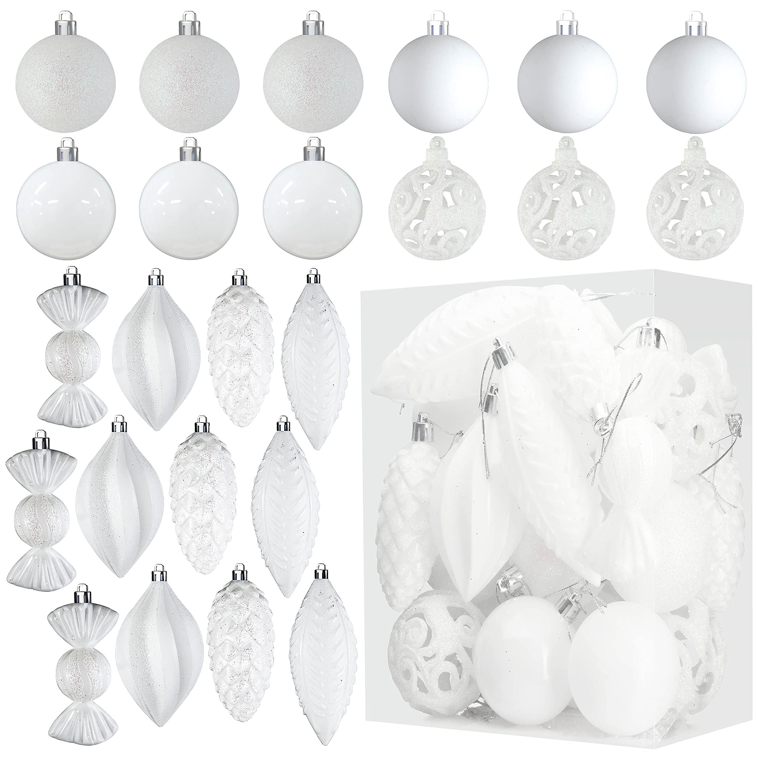 Prextex White Ornaments for Christmas Tree Decorations - Christmas Ball Ornaments - 24 pcs Shatterproof Ornaments with Hanging Loop for Holiday, Wreath & Party Decorations - White Christmas Ornaments