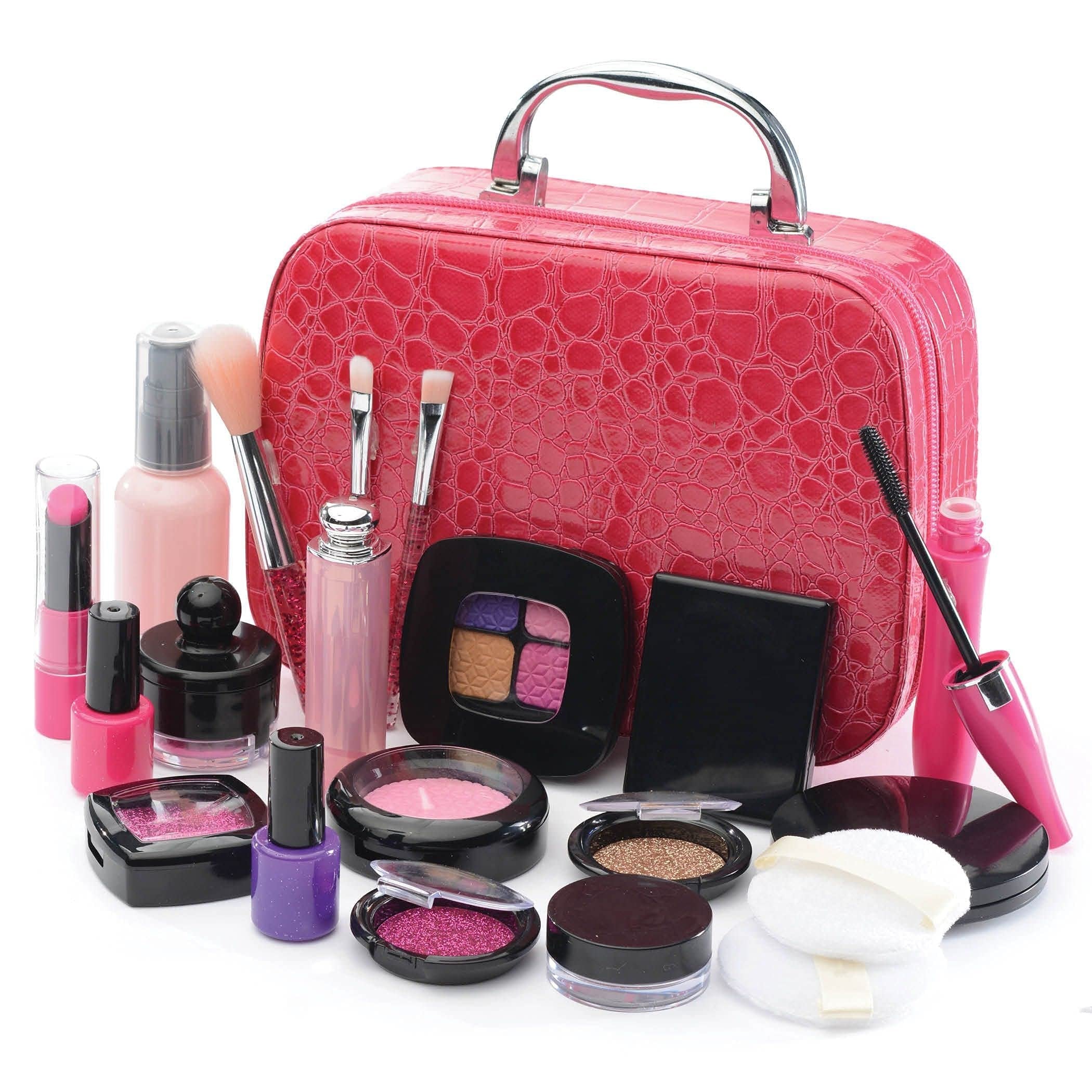 Girls Pretend Makeup Set, 21 Pcs Pretend Play Cosmetic Beauty Makeup Set with Cute Pink Leather Look Cosmetic Case for Little Girls, Realistic Kids Makeup Set.