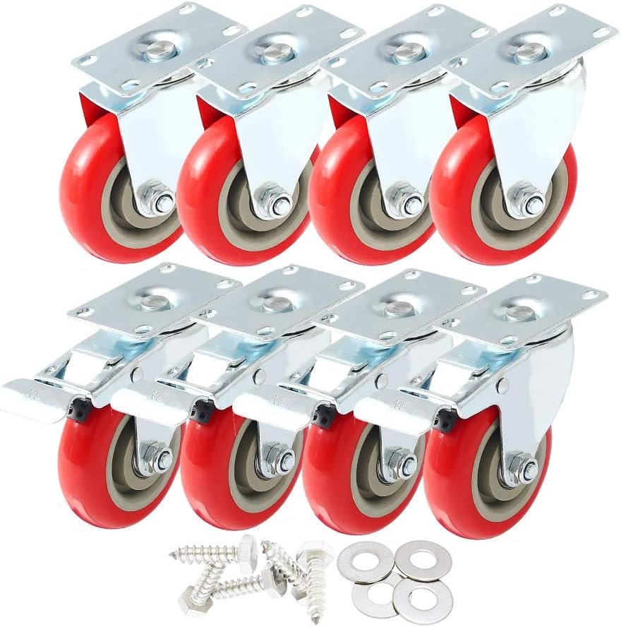 8 Pack 4" Caster Wheels Swivel 360 Degree 4 with Brake Swivel and 4 Swivel Plate Combo On Red Polyurethane Wheels with Hardware
