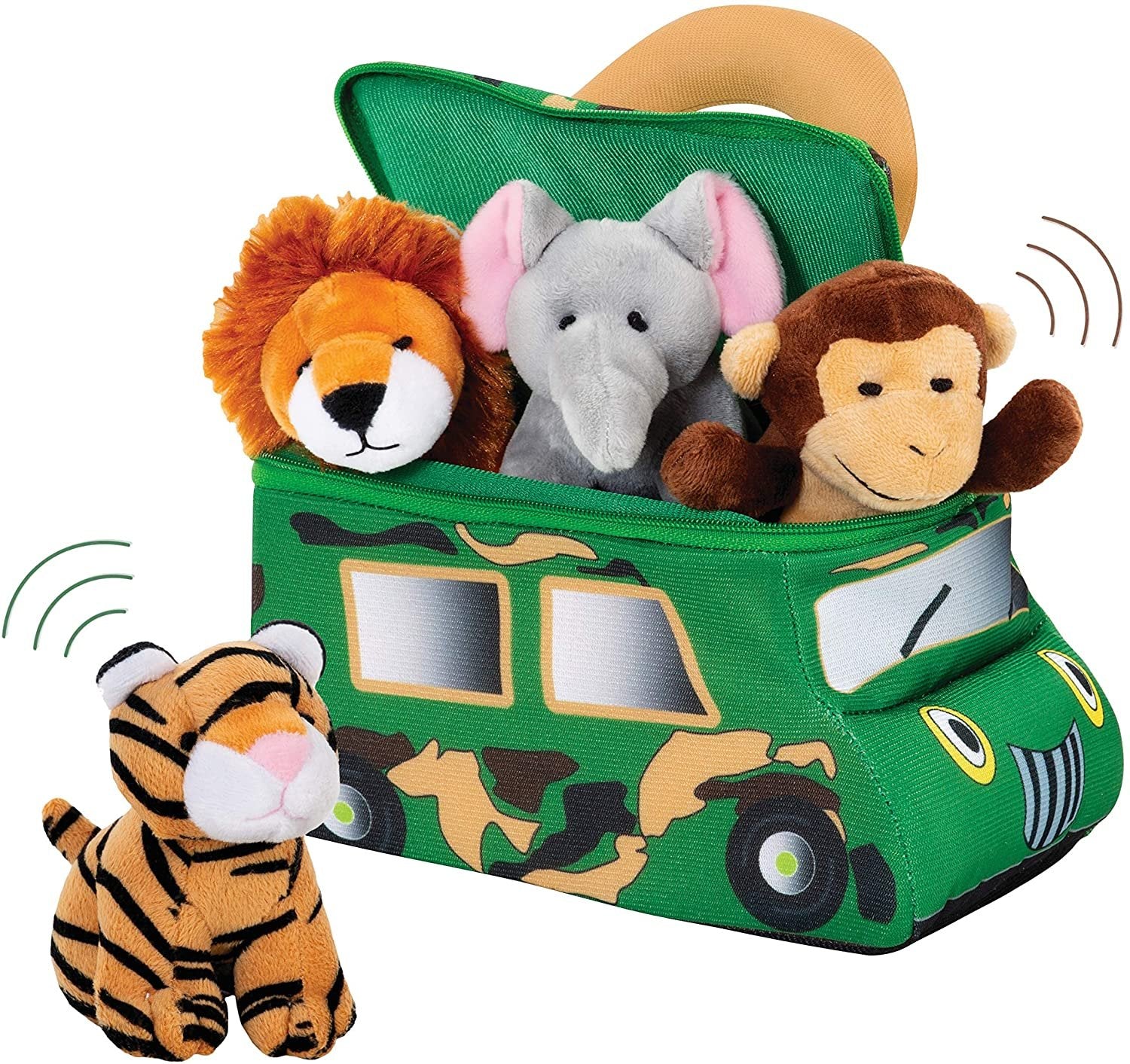 Plush Jungle Animals Set with Safari Truck Carrier - Talking Stuffed Toys for Kids - Bundaloo - Realistic Sounds - Mini Tiger Lion Monkey Elephant