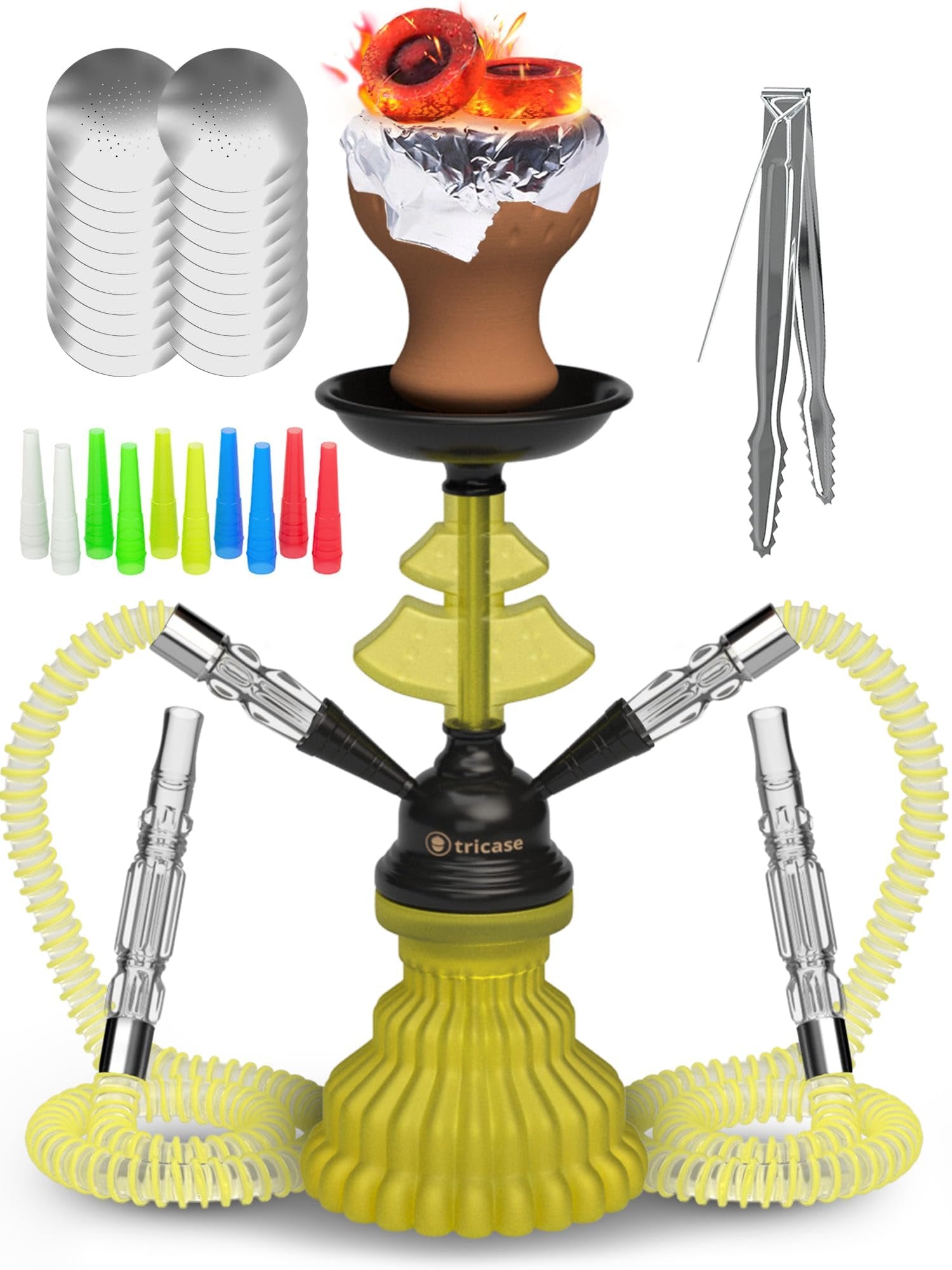 Neon Yellow Hookah Set 2 Hose Hookah - LilOne 12” Neon Yellow Mini Hookah Combo Kit Shisha Hookah Set with Prepunched Foil Hookas Bowl Disposable Tips Mouthpiece Tongs Portable Hookah Pipe - Hookah Machines