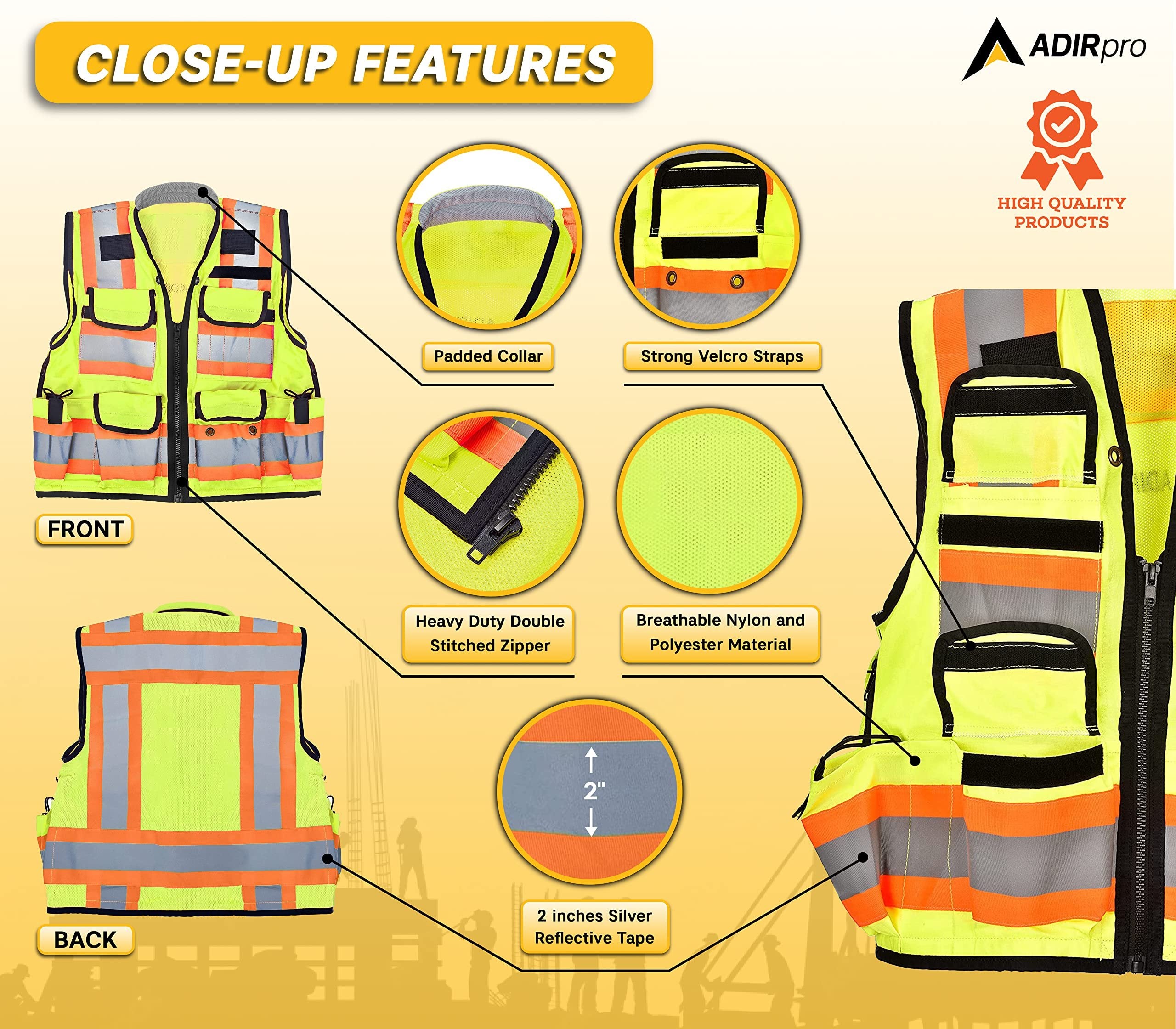 AdirPro Surveyor Safety Vest with Pockets - High visibility Reflective Construction Vest for Men - Class 2 Heavy Duty Vest ANSI Complaint for Contractors Safety Vest (Yellow, XL)