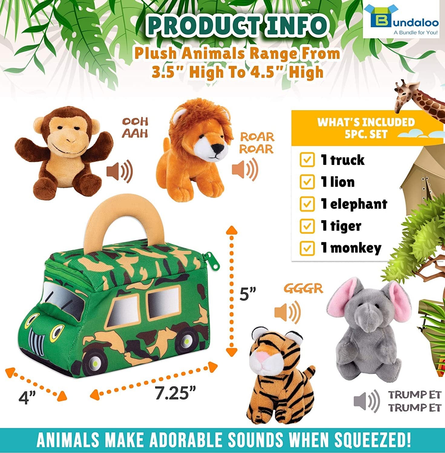 Plush Jungle Animals Set with Safari Truck Carrier - Talking Stuffed Toys for Kids - Bundaloo - Realistic Sounds - Mini Tiger Lion Monkey Elephant