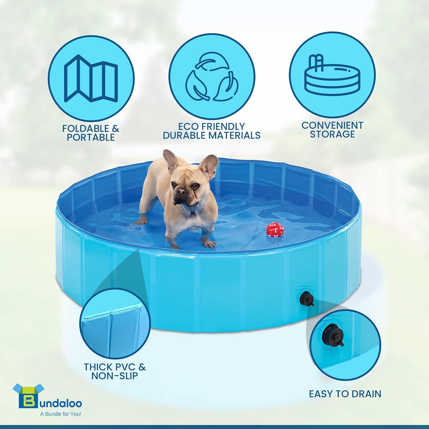 Bundaloo Dog Pool for Medium Dogs - Collapsible Foldable Portable Swimming Tub with Drain for Pets,- Outdoor Bathtub for Bathing, Cooling - 47" Wide, 11.5" Deep