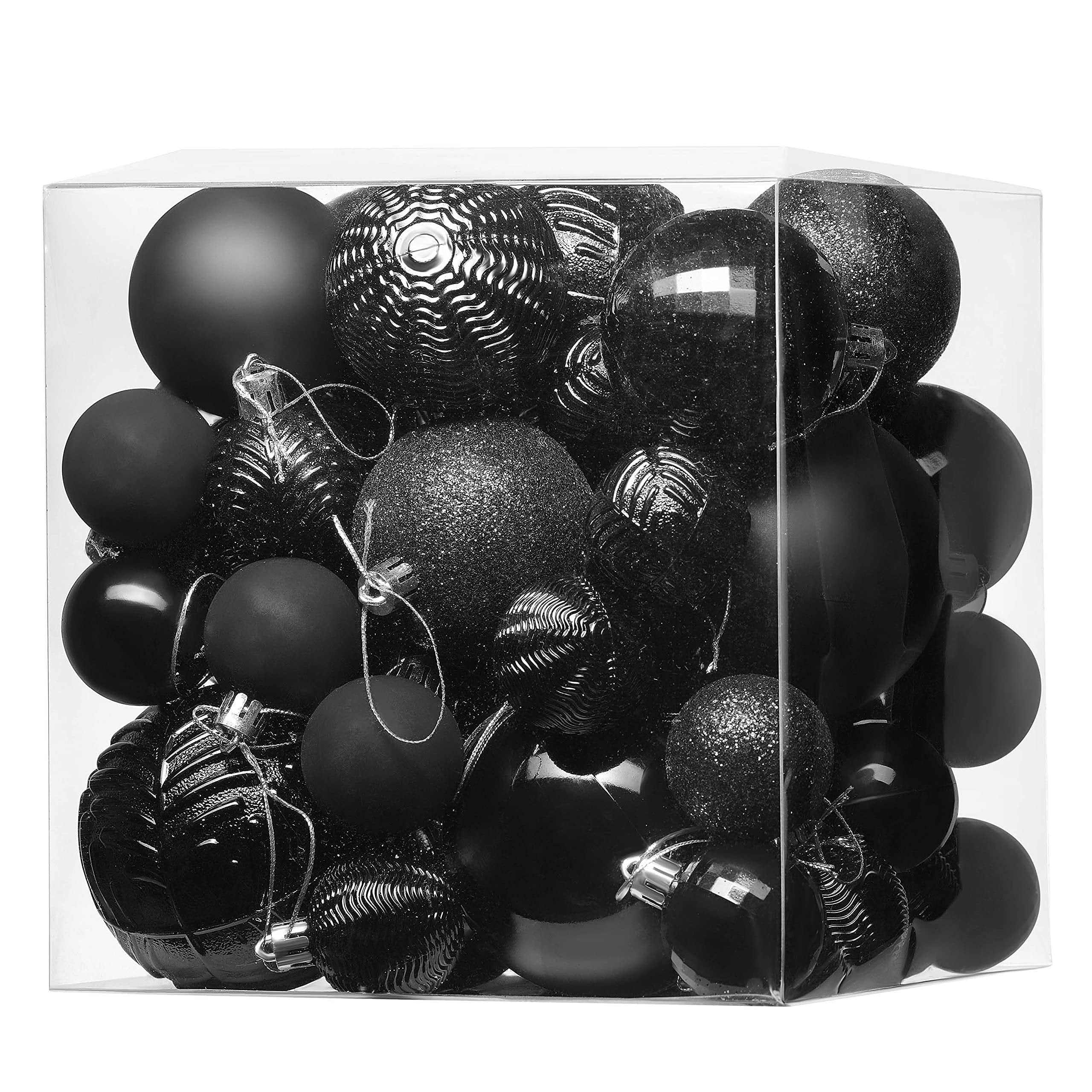 Prextex Christmas Ball Black Ornaments for Christmas Decorations (Black) - 36 pcs Shatterproof Black Christmas Ornaments w/Hanging Loop for Holiday, Wreath & Party Decorations (6 Styles, 3 Sizes)