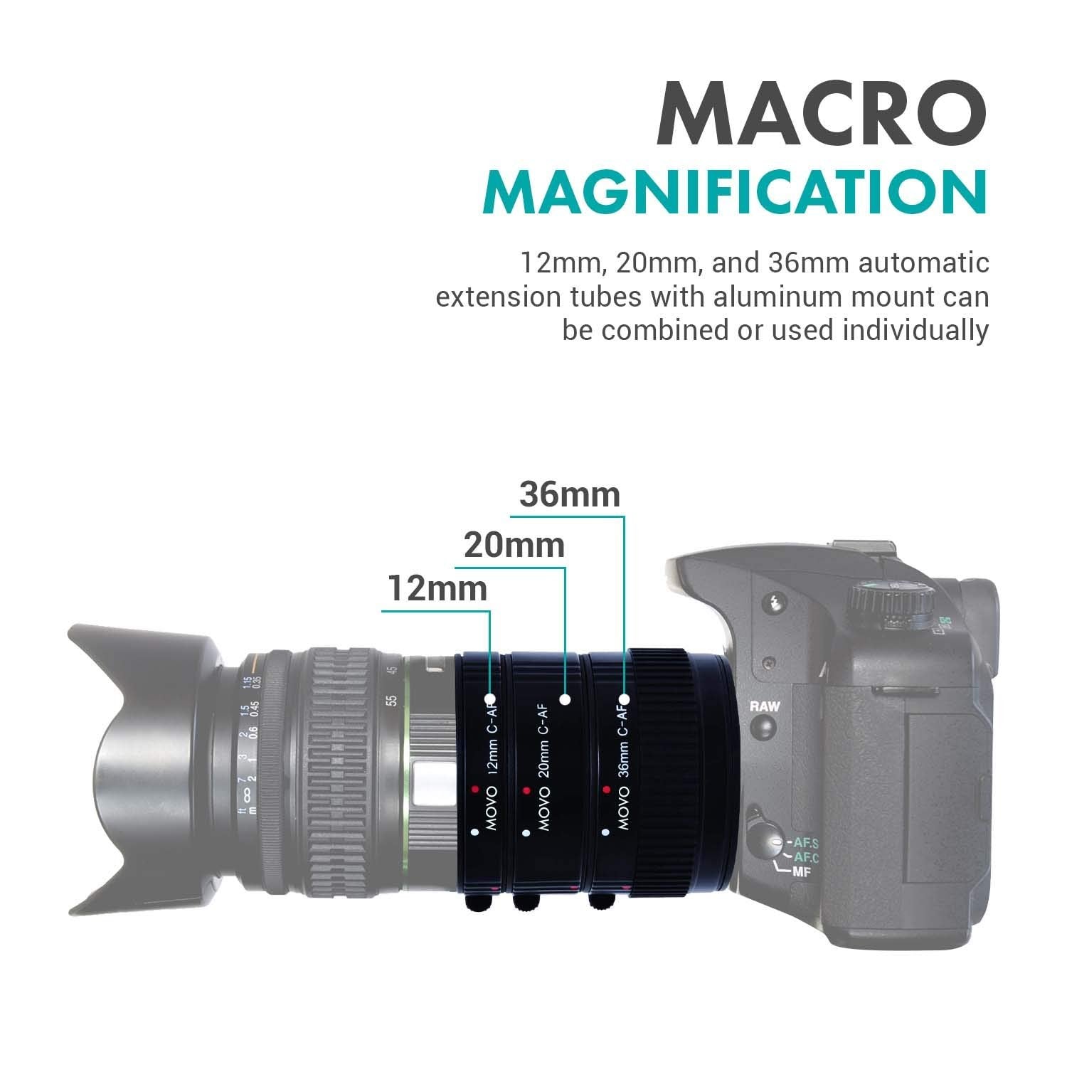 Movo Photo AF Macro Extension Tube Set for Canon EOS DSLR Camera with 12mm, 20mm & 36mm Tubes (Economy Mount)