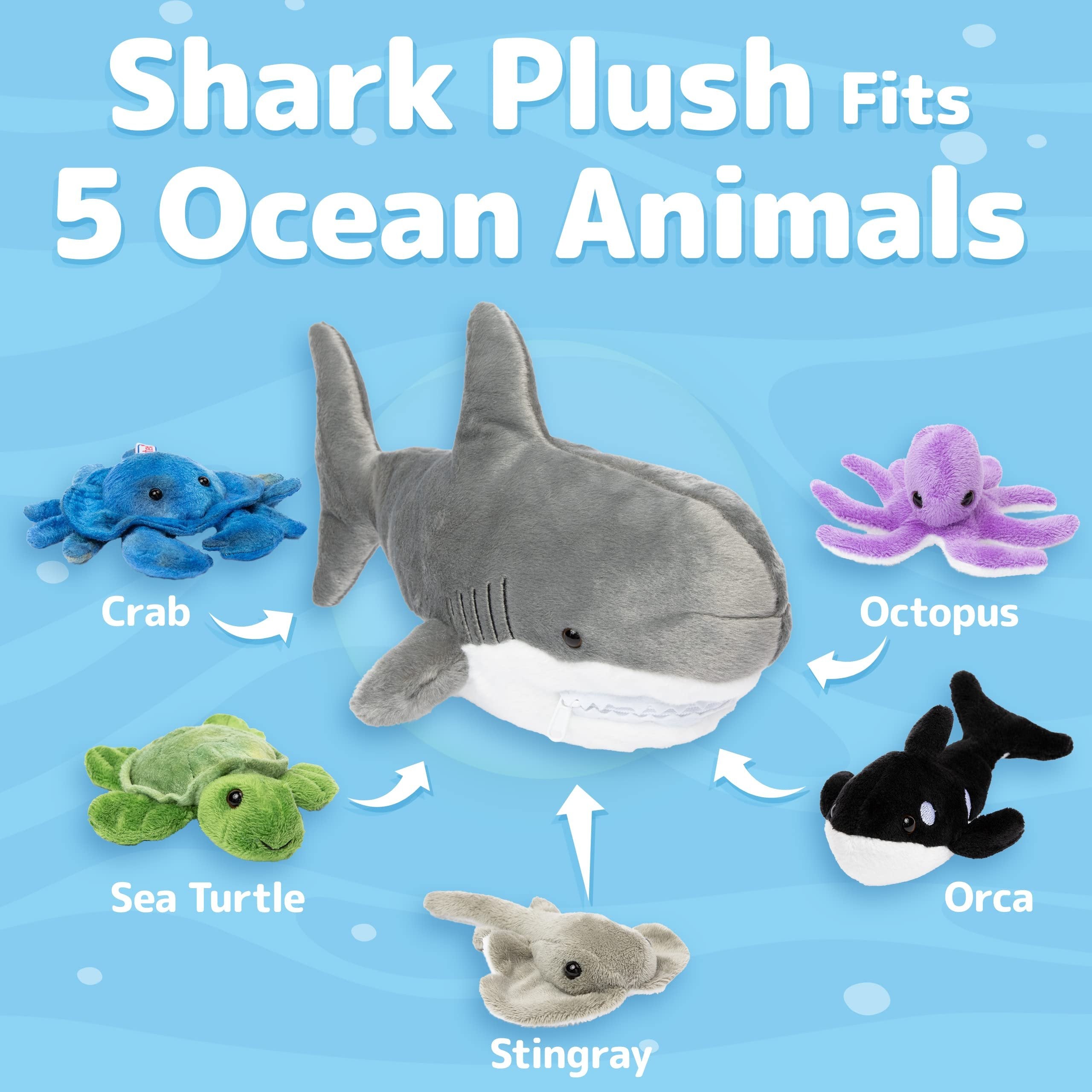 PREXTEX Plush Toy Shark Stuffed Animal with 5 Stuffed Sea Animals - Turtle, Whale, Octopus, Stingray, Crab Plush- Shark Plush Toys for Kids 3-5 - Giant Stuffed Animals Toy - Gift for Sea Animal Lovers