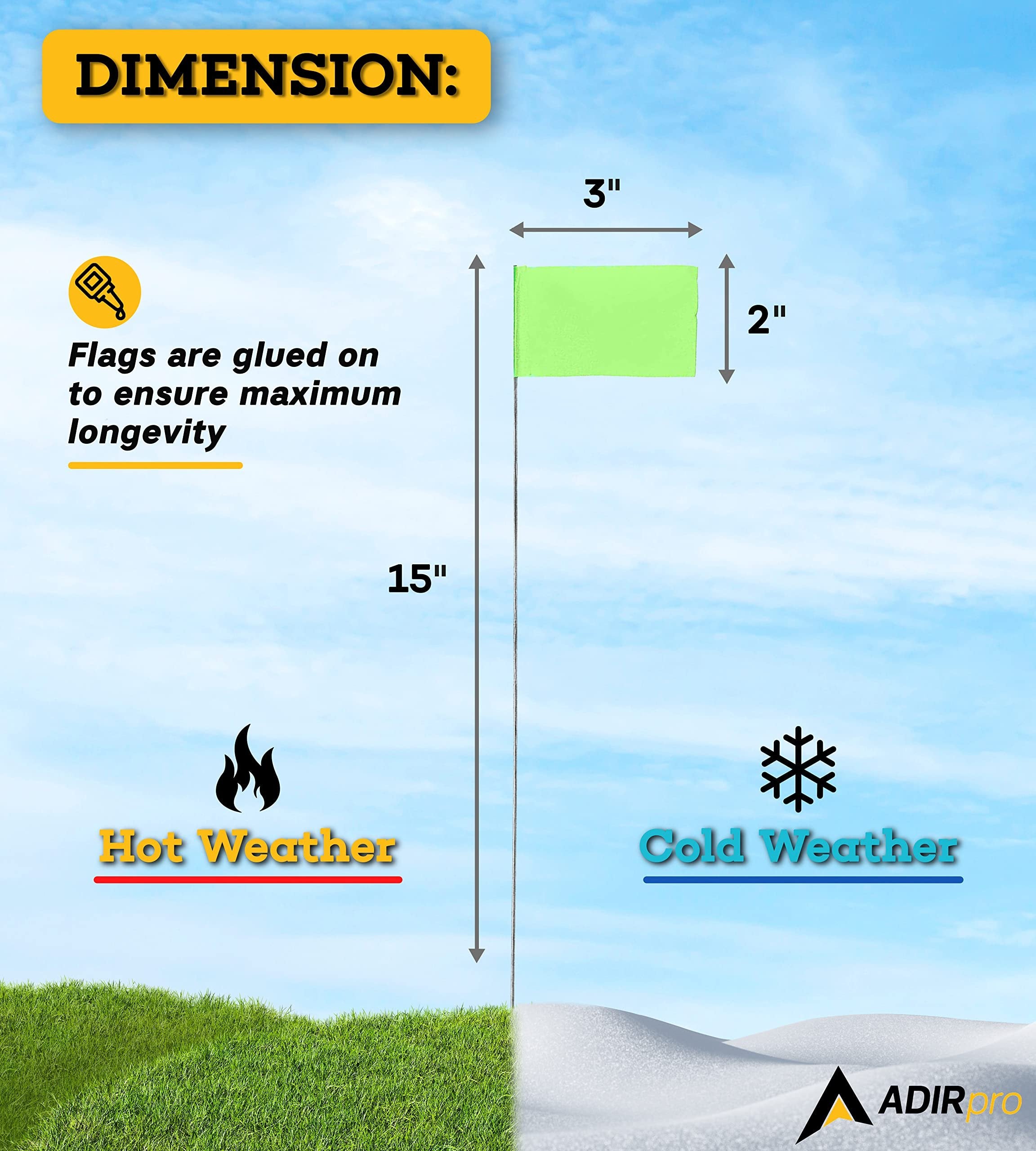 AdirPro Marking Flags 100 Pack - 2"x3" Lawn Flags - Marker Flags - Small & Thin Survey Flags - Flag Markers for Yard - Great for Ground Flags, Lawn Flags, Garden Flag Markers, Boundry Flags (Lime)