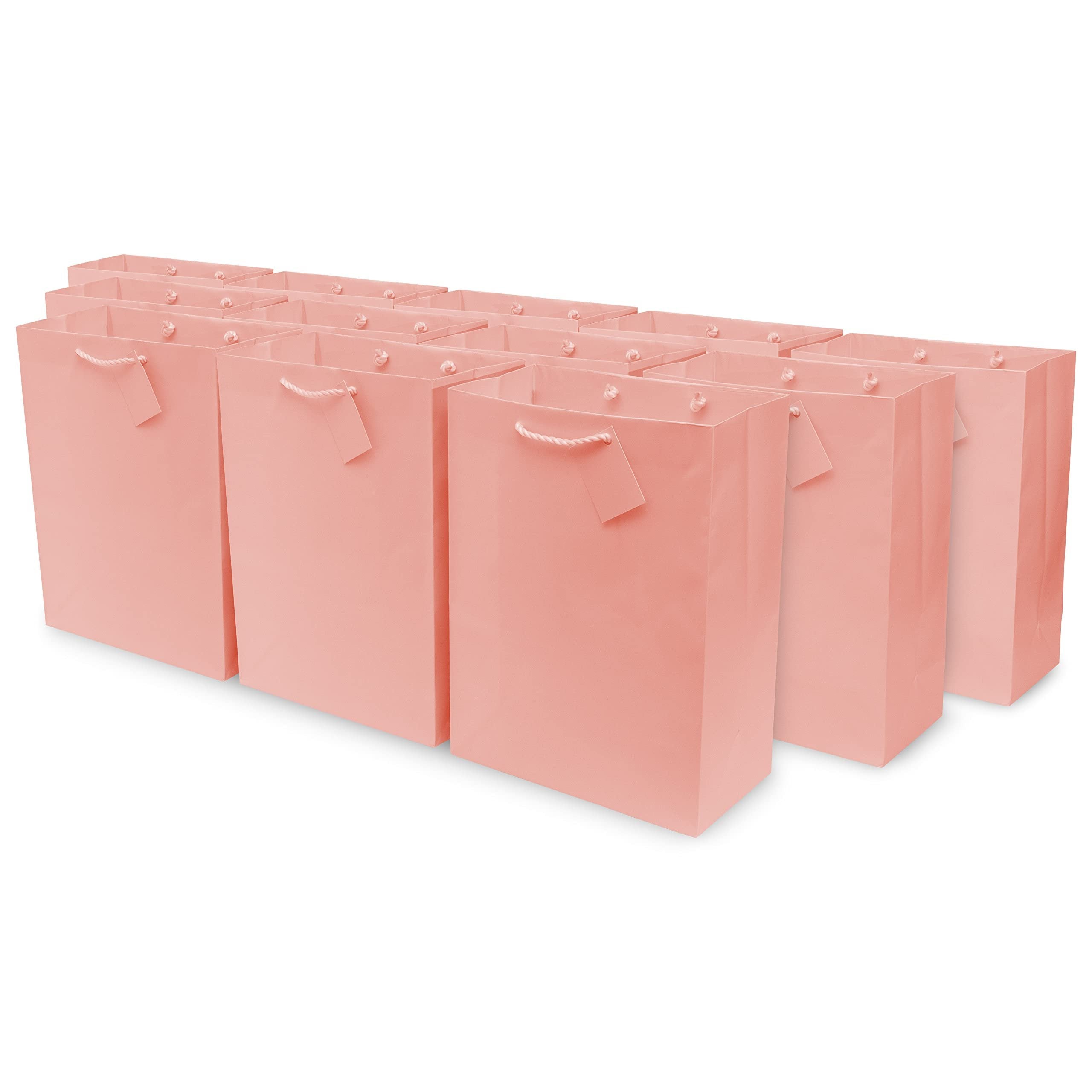 Pink Gift Bags - 12 Pack Medium Blush Pink Gift Bags with Handles for Baby Shower, Bridal, Bachelorette Bags, Easter, Wedding Favor & Goodie Bags, Girls Birthday Party Gift Wrap, in Bulk - 7.5x3.5x9