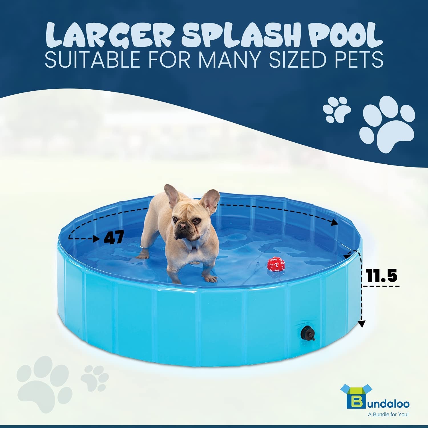 Bundaloo Dog Pool for Medium Dogs - Collapsible Foldable Portable Swimming Tub with Drain for Pets,- Outdoor Bathtub for Bathing, Cooling - 47" Wide, 11.5" Deep