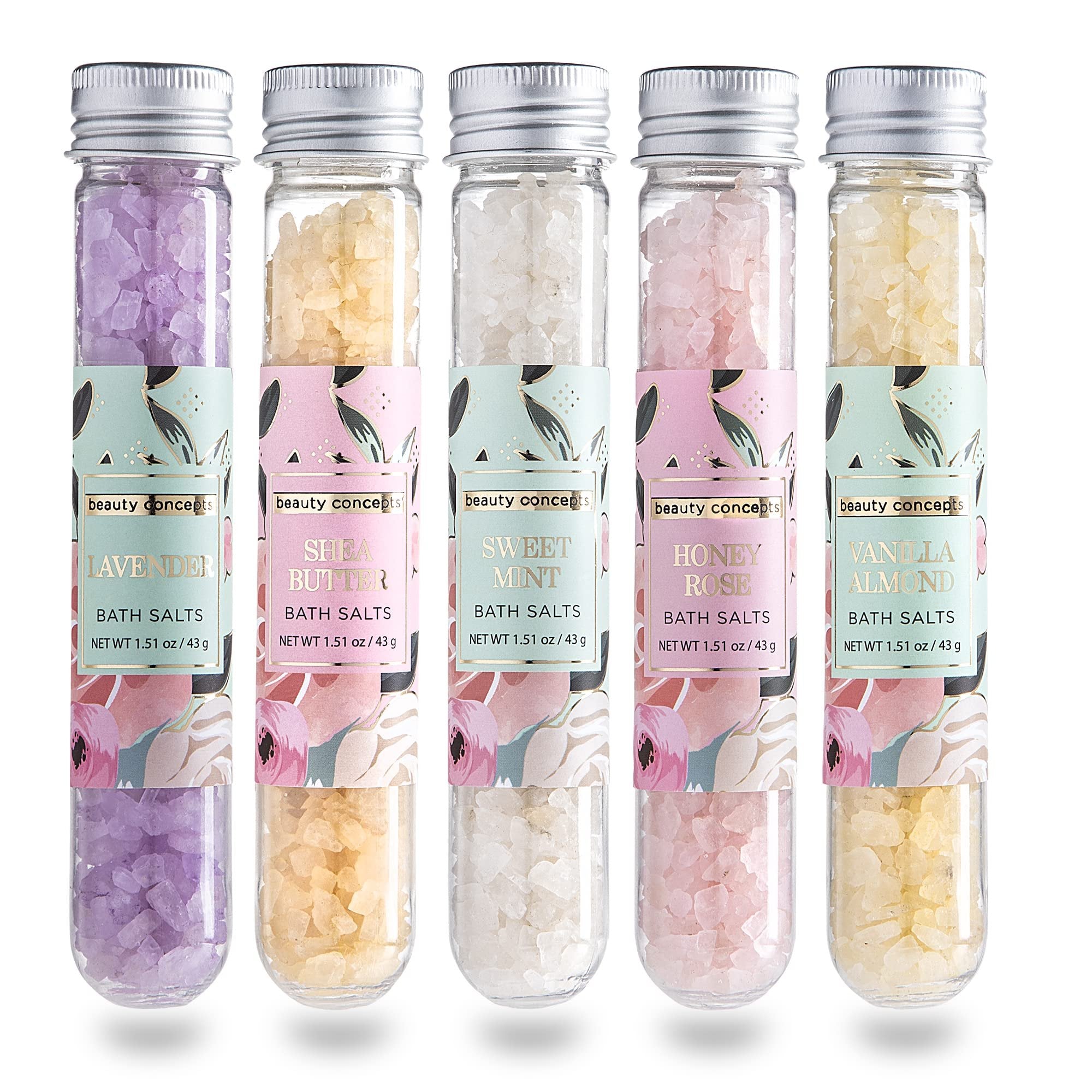 B.C. Beauty Concepts Aromatherapy Bath Salts- 5 Pack Epsom Salts for Soaking, Relaxing Bath Spa Set, Scented in Vanilla Almond, Shea Butter, Sweet Mint, Honey Rose, and Lavender