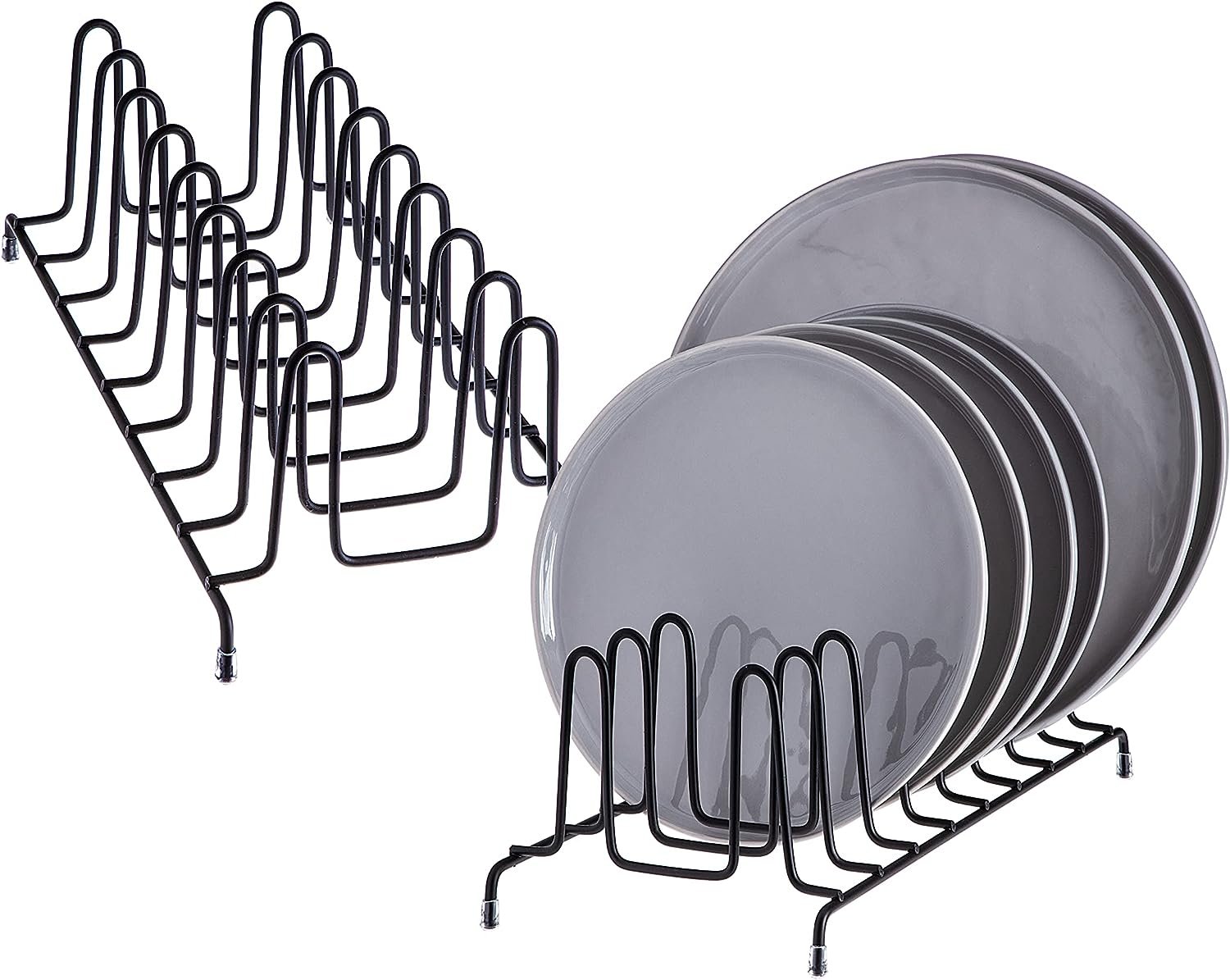 SIMPLEMADE Kitchen Dish Rack Organizer - 2 Wire Metal Cabinet Organizers and Storage Rack for Plates, Dishes, Pots, Pot Lids, Pan Lids, Container Lids - Shelf, Counter & Pantry Organization (Black)