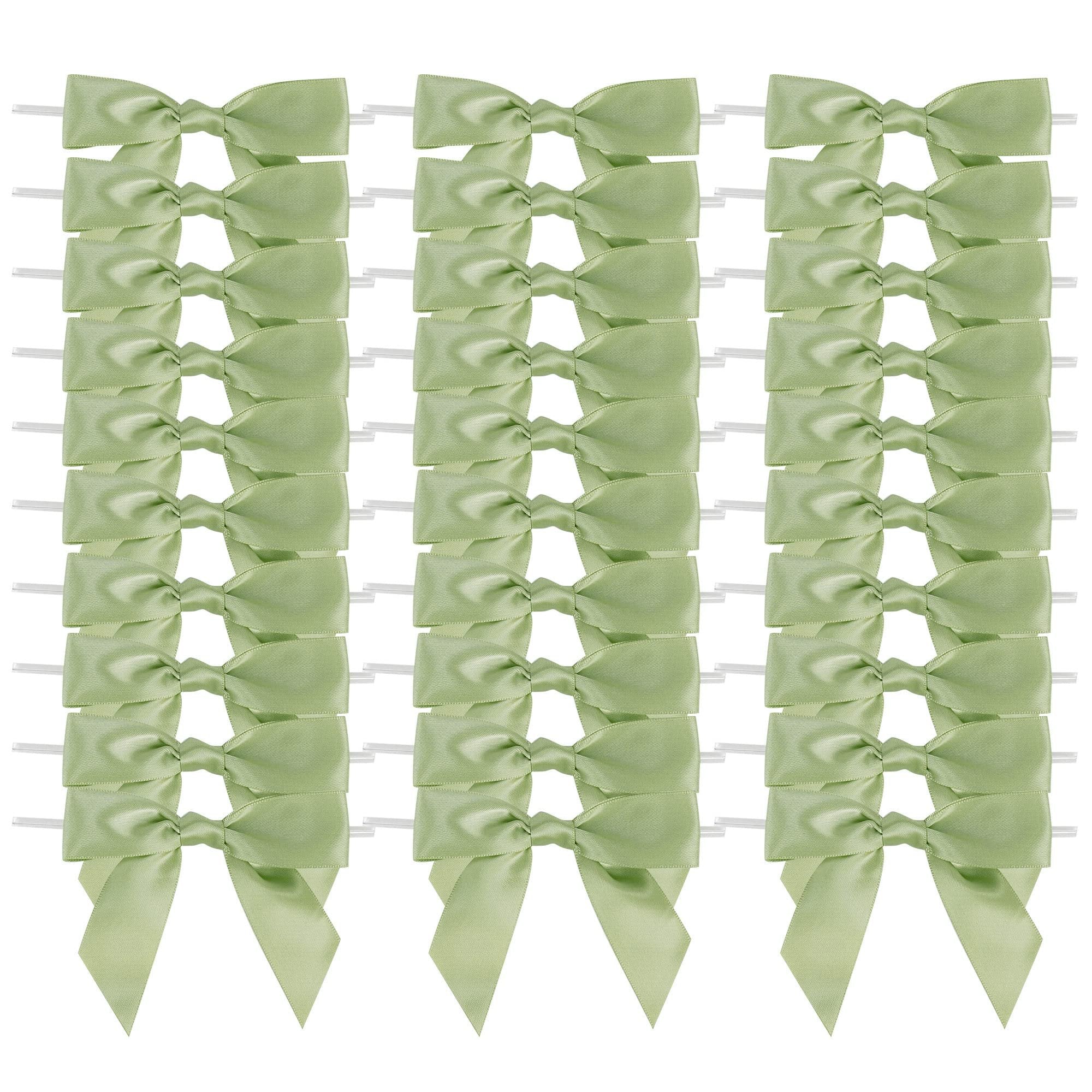 AIMUDI Sage Green Satin Ribbon Twist Tie Bows 3.5" Pretied Bows Premade Bows for Treat Bags Crafts Gift Wrapping Basket Wedding Favors Cookie Candy Bagging Cake Pop Bridal Shower - 50 Counts