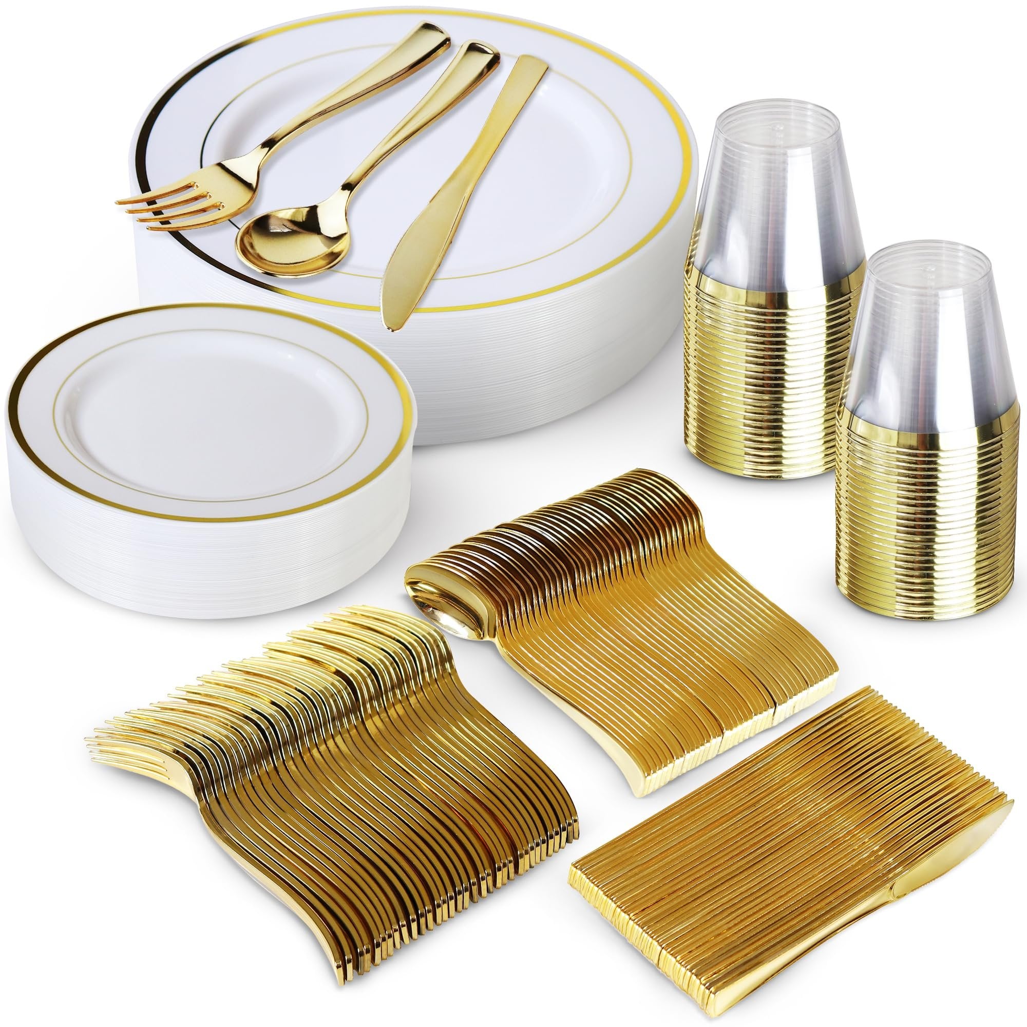 600 Piece Gold Dinnerware Set - 200 White and Gold Plates - Set of 300 Gold Plastic Silverware - 100 Plastic Cups - Disposable Gold Dinnerware Set for Party - 100 Guests
