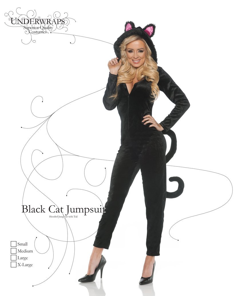 UNDERWRAPS Women's Hooded Black Cat Jumpsuit with Tail Costume - Large