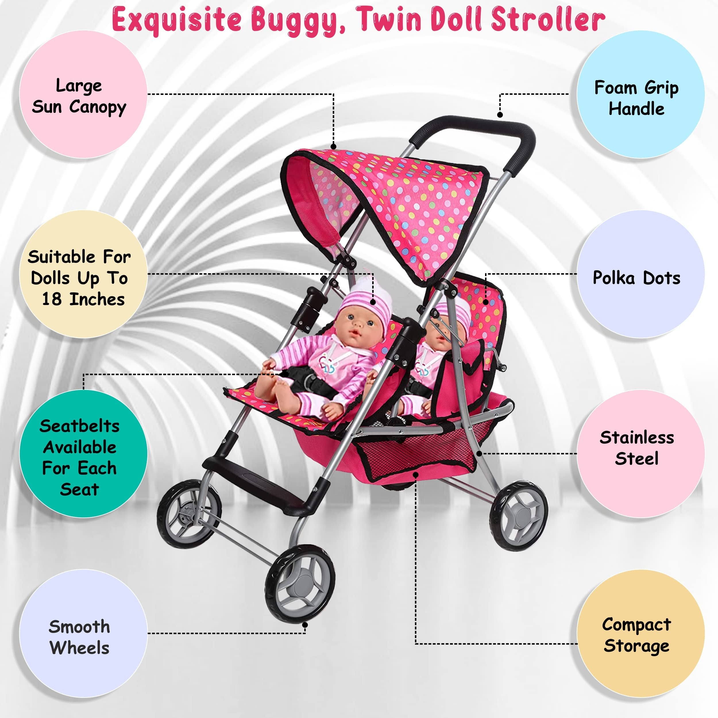 Twin Baby Doll Stroller - Pretend Play Baby Stroller for Dolls - Toy Stroller with Storage Basket for Baby Doll Accessories Set - Polka dot Design Baby Stroller Toy for Kids - Folds Easily