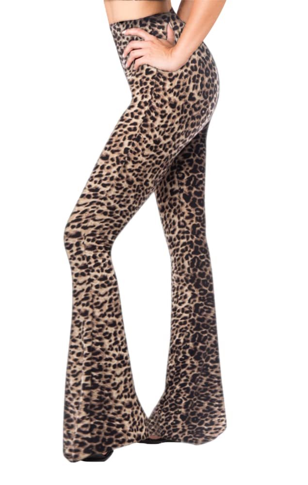 SATINA High Waisted Flare Wide Leg Leggings | Printed & Solid | Reg & Plus (XX-Large, Cheetah)