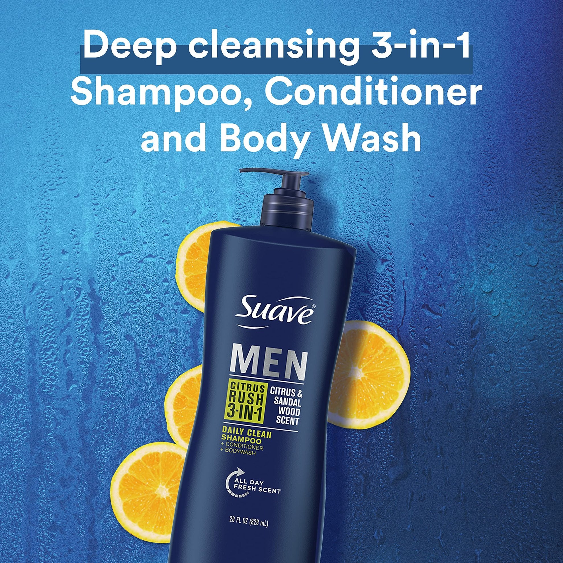 Suave Men 3-in-1 Shampoo Conditioner Body Wash Citrus Rush for Gentle Cleansing and Conditioning Mens Shampoo 3 in 1 Formula with Keratin and Glycerin 28 oz