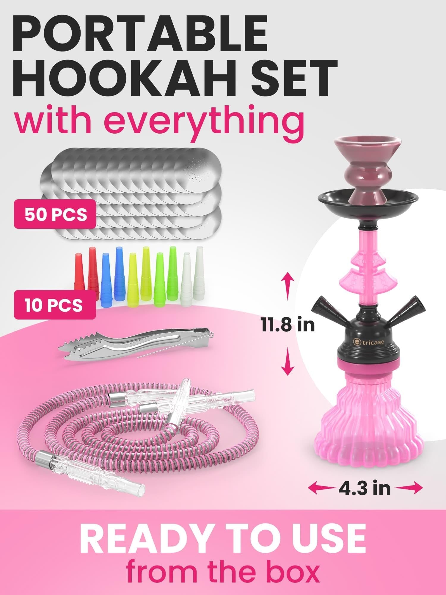 Hookah Set 2 Hose Hookah - LilOne 12” Pink Mini Hookah 2 Hose Hookah Set with 50x Foil Shisha Ceramic Bowl 10x Tips 2x Hookah Hose Tongs Portable Hookah set with everything Hookah Kit