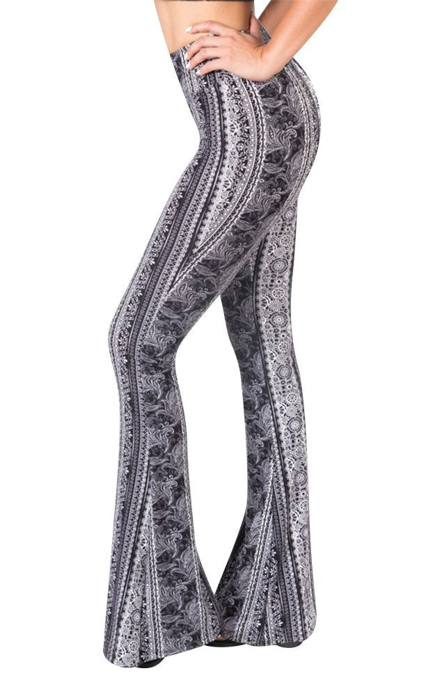 SATINA Womens High Waisted Flare Wide Leg Leggings, Printed & Solid, Reg & Plus, 04 Leafy Black, X-Large