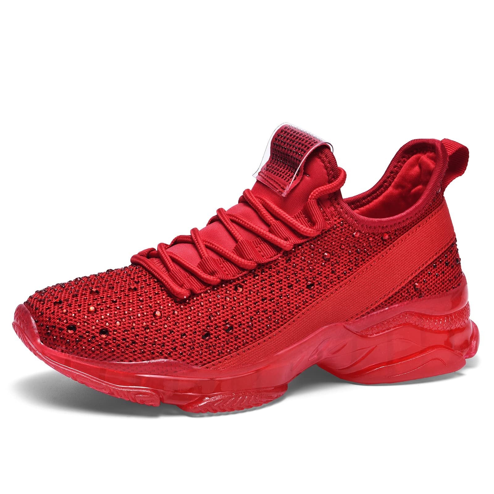 Women's Fashion Rhinestone Mesh Knit Slip On Sneaker Breathable Glitter Walking Shoes(Red,9)
