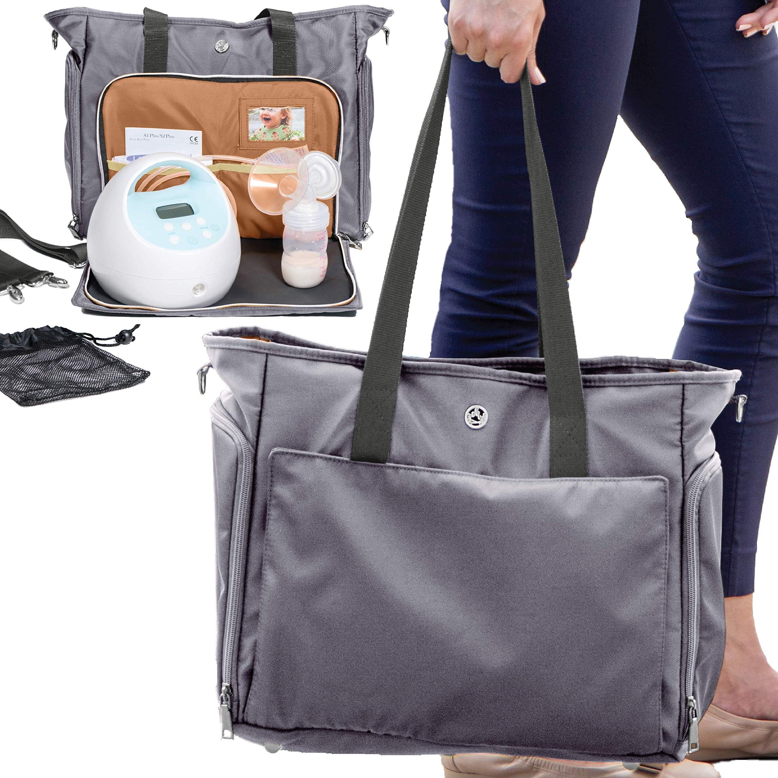 Zohzo Lauren Breast Pump Bag - Portable Tote Bag Great for Travel or Storage - Includes Padded Laptop Sleeve - Fits Most Major Brands Including Medela and Spectra (Pewter)