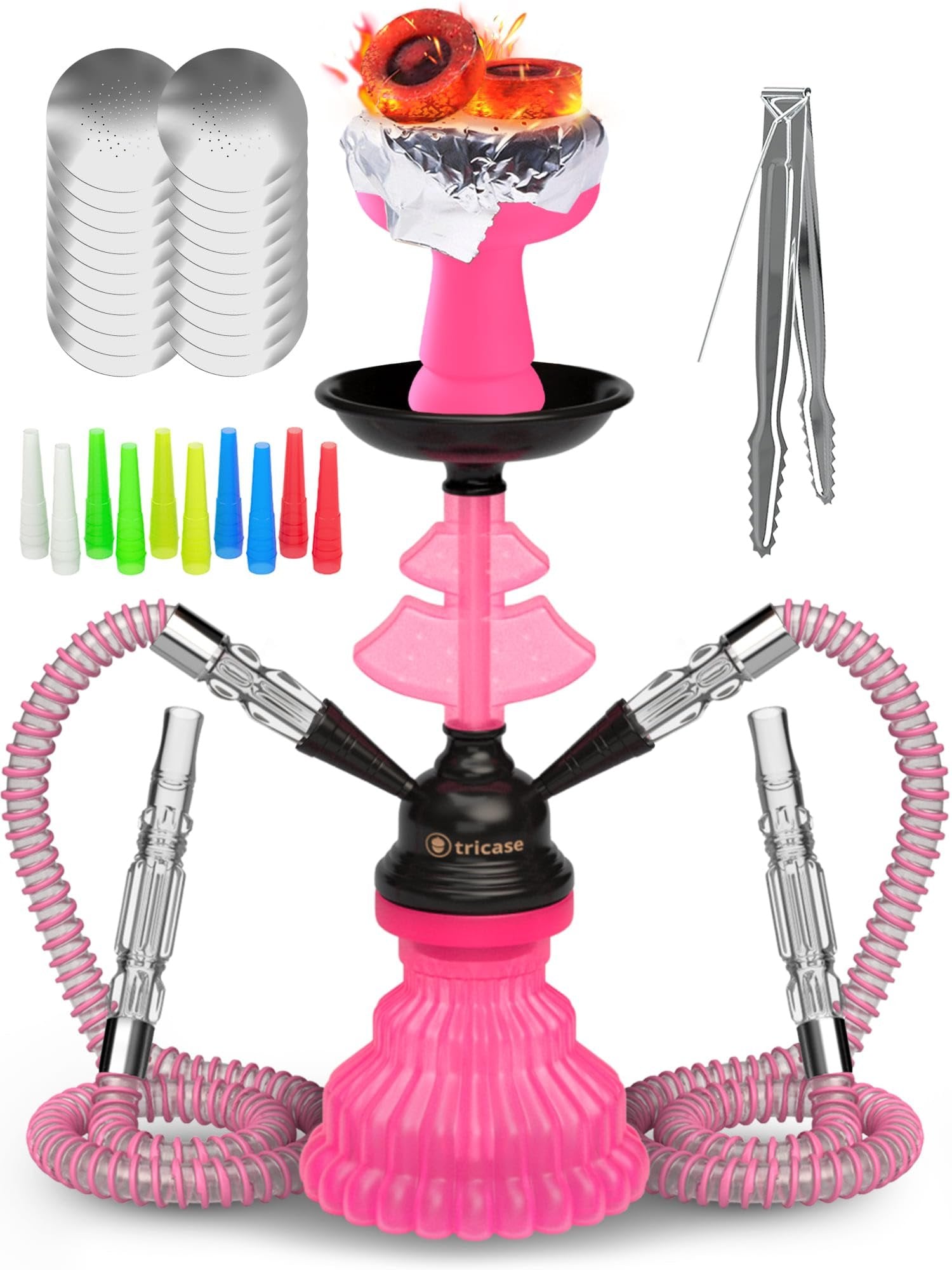 Hookah set with everything - Hookah Set 2 Hose Hookah - LilOne 12” Black Mini Hookah 2 Hose Hookah Set with 50x Foil Big Silicone Bowl 10x Tips 2x Mouthpiece 2x Hookah Hose Tongs - Hookah Kit