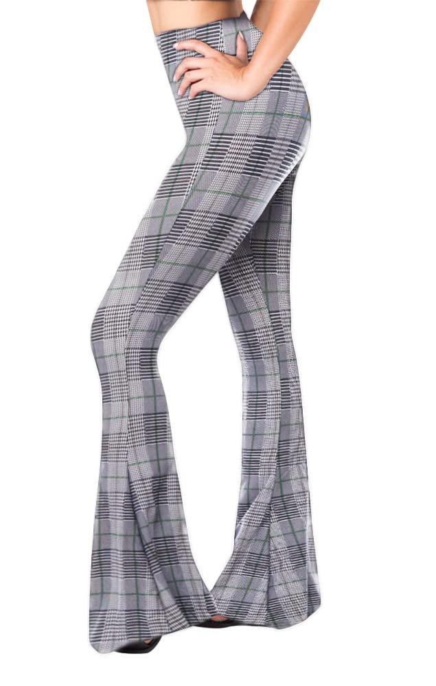 SATINA Womens High Waisted Flare Wide Leg Leggings, Printed & Solid, Reg & Plus, 10 Grey Plaid, Small