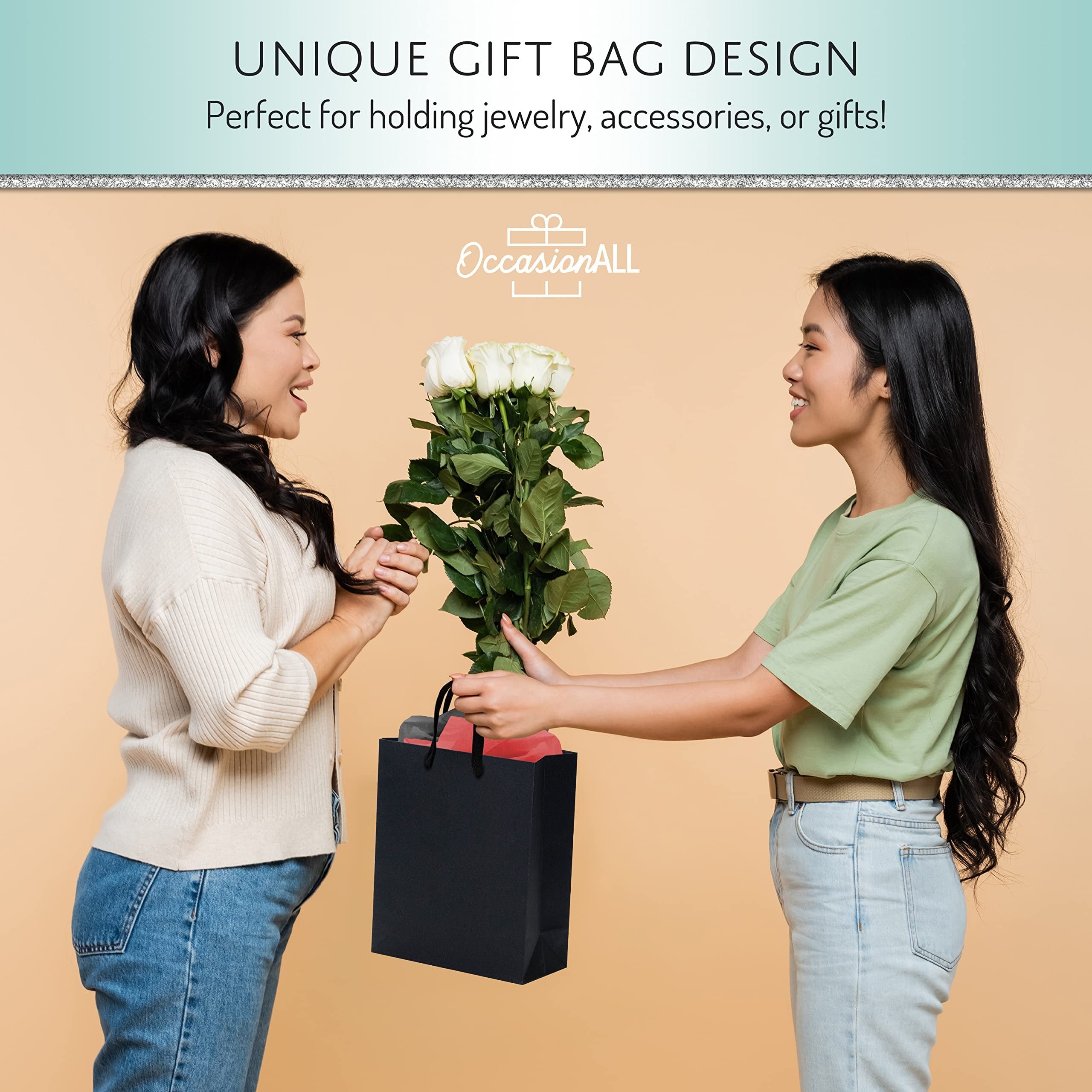 Black Gift Bags - 12 Pack Medium Black Paper Gift Bags with Fancy Handles, Luxury Shopping Euro Totes, Premium Gift Wrap for Birthday Parties, Weddings, Events, Holidays, Bridal Showers - 7.5x3.5x9