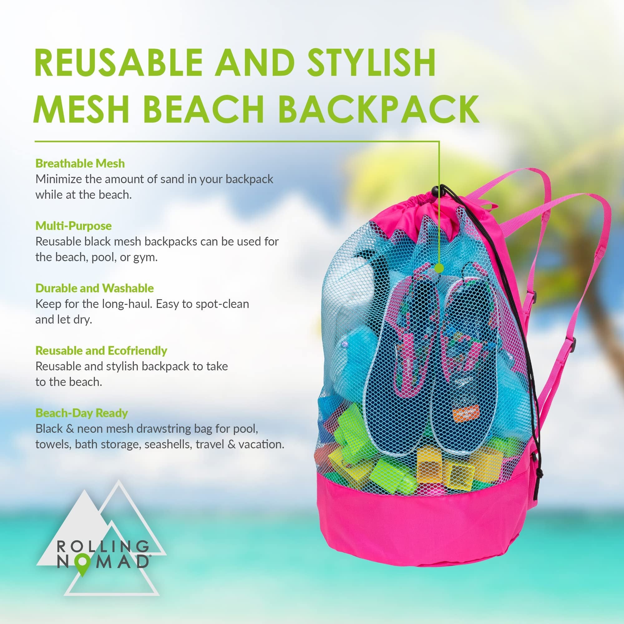 Beach Toy Bag - Large Mesh Beach Bag, Cute Blue & Pink Backpack, Beach Essentials for Vacation, Travel, Pool, Toys, Beach Towels, Swim Necessities, Summer Must Haves, Packable Tote for Men & Women
