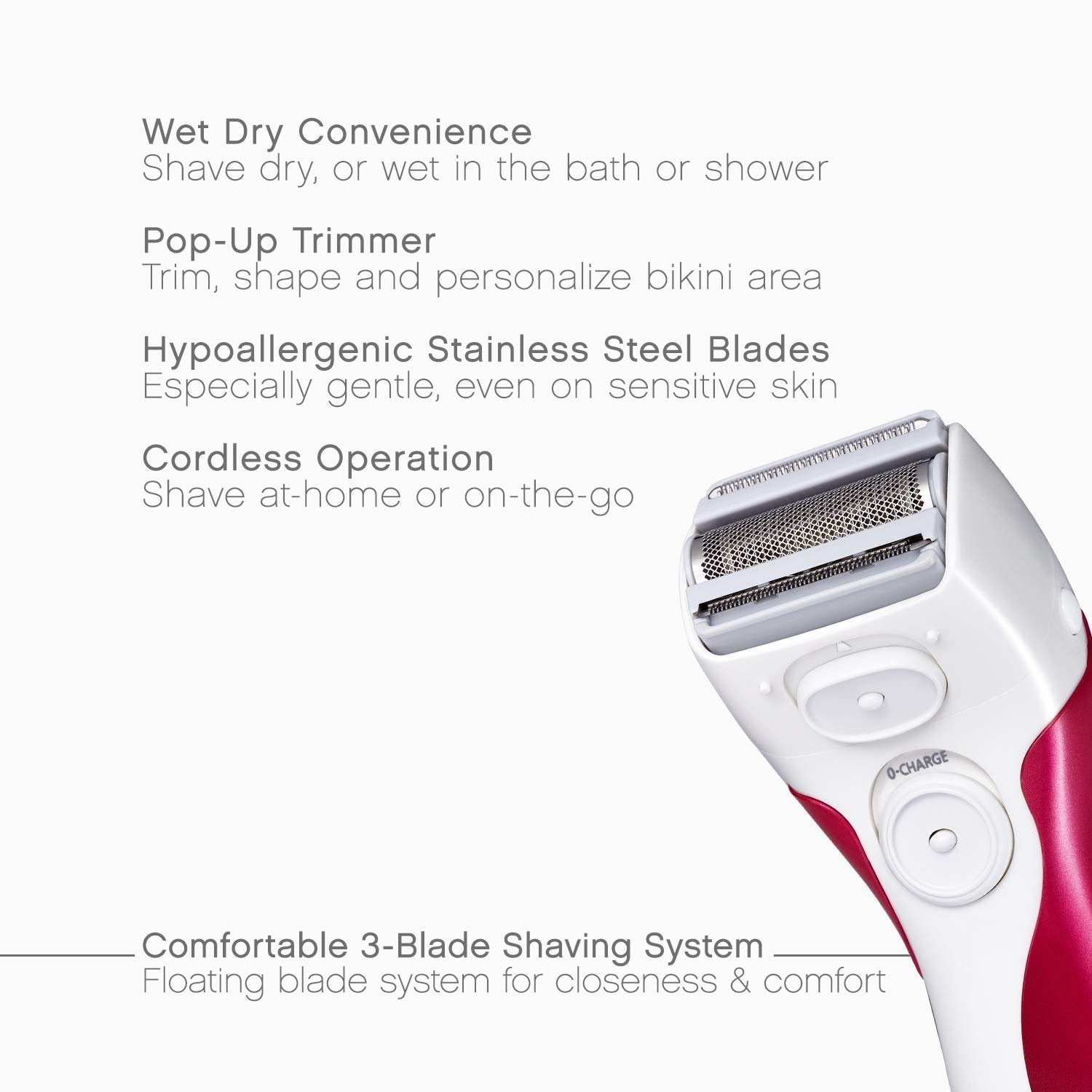Panasonic Electric Shaver for Women, Cordless 3 Blade Razor, Pop-Up Trimmer, Close Curves, Wet Dry Operation, Independent Floating Heads - ES2207P