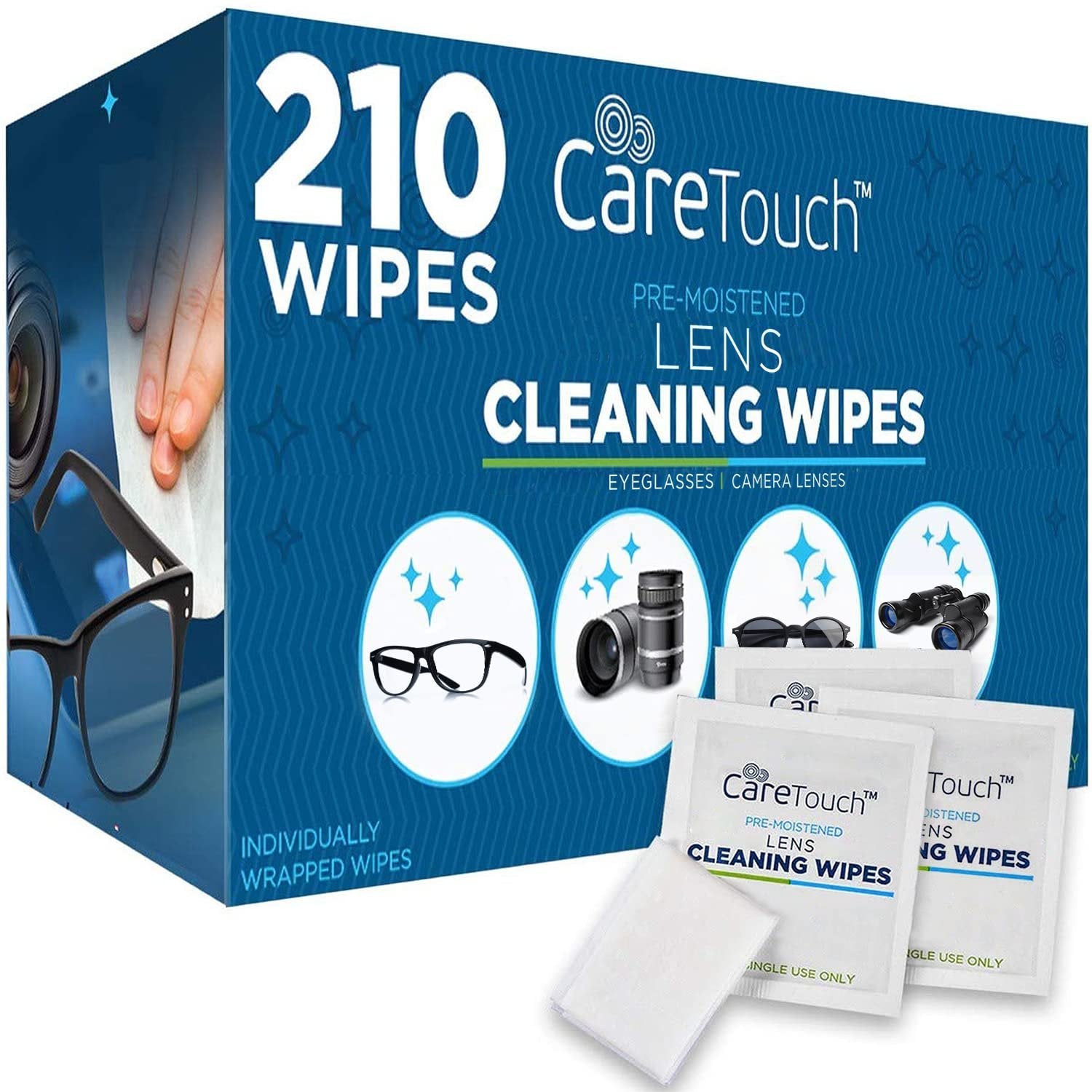 Care Touch Lens Cleaning Wipes for Eyeglasses, 210ct - Individually Wrapped, Eye Glass Cleaning, Lens Wipes for Glasses/Sunglasses, Packaging May Vary