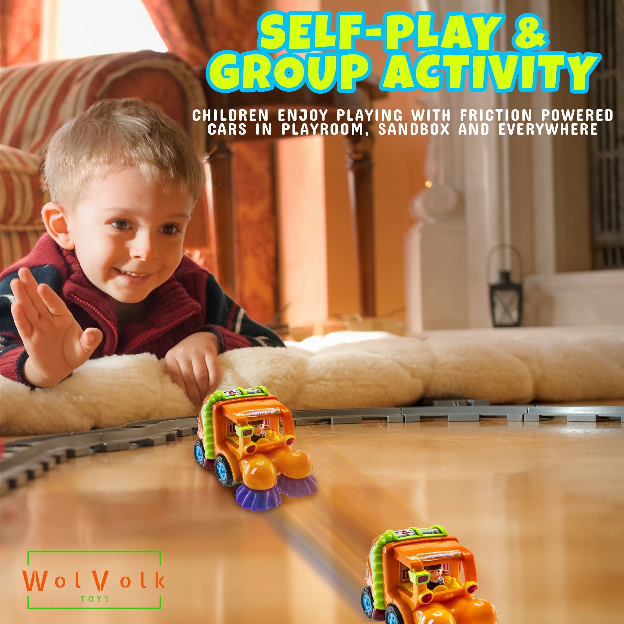 WolVolk Push and Go Friction Cars - Set of 3 Trucks - Street Sweeper, Cement Mixer, Harvester - Automatic Functions - Blue Green Orange - Size Options