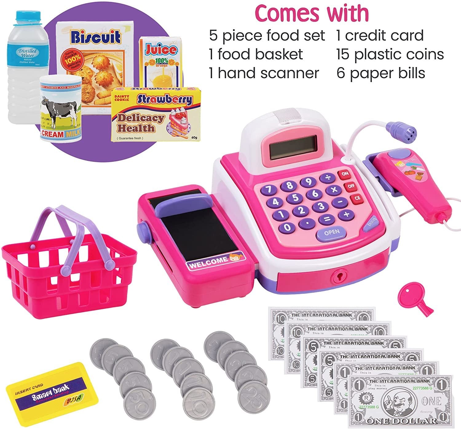 Prextex Pretend Play Store Electronic Toy Cash Register for Kids - STEM Toy with Mic Speaker and Play Money Included