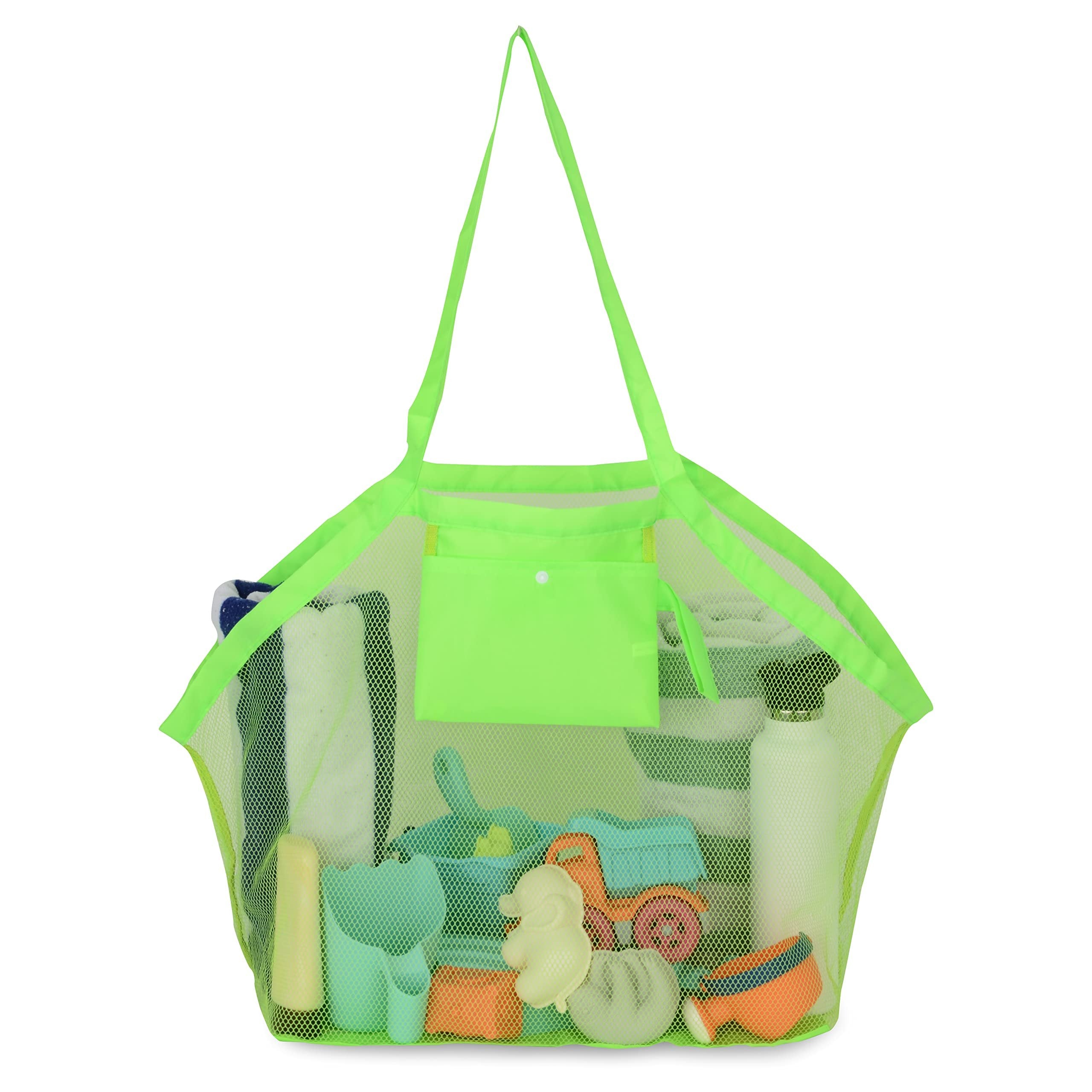 Beach Toy Bag - Mesh Beach Toy Bag, Large Foldable Green Mesh Beach Tote, Pool Bag for Sand Toys, Towels, Seashells, Swimming Accessories, Travel, Family Vacation, Summer, Waterpark Must Haves