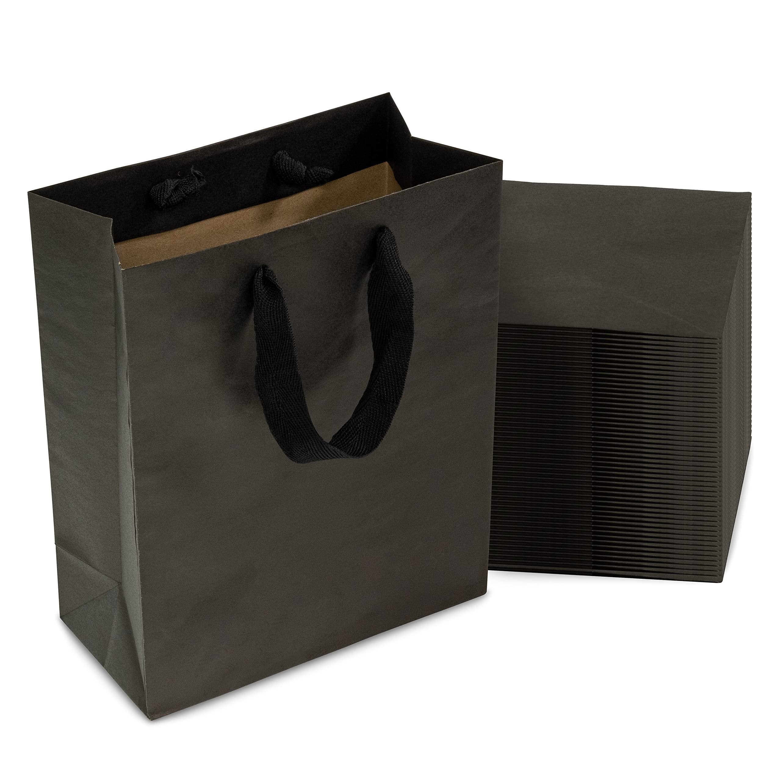 Black Gift Bags with Handles - 8x4x10 Inch 50 Pack Designer Shopping Bags in Bulk, Small Gift Wrap Totes with Fabric Ribbon Handles for Boutiques, Small Business, Retail Stores, Merchandise, Parties