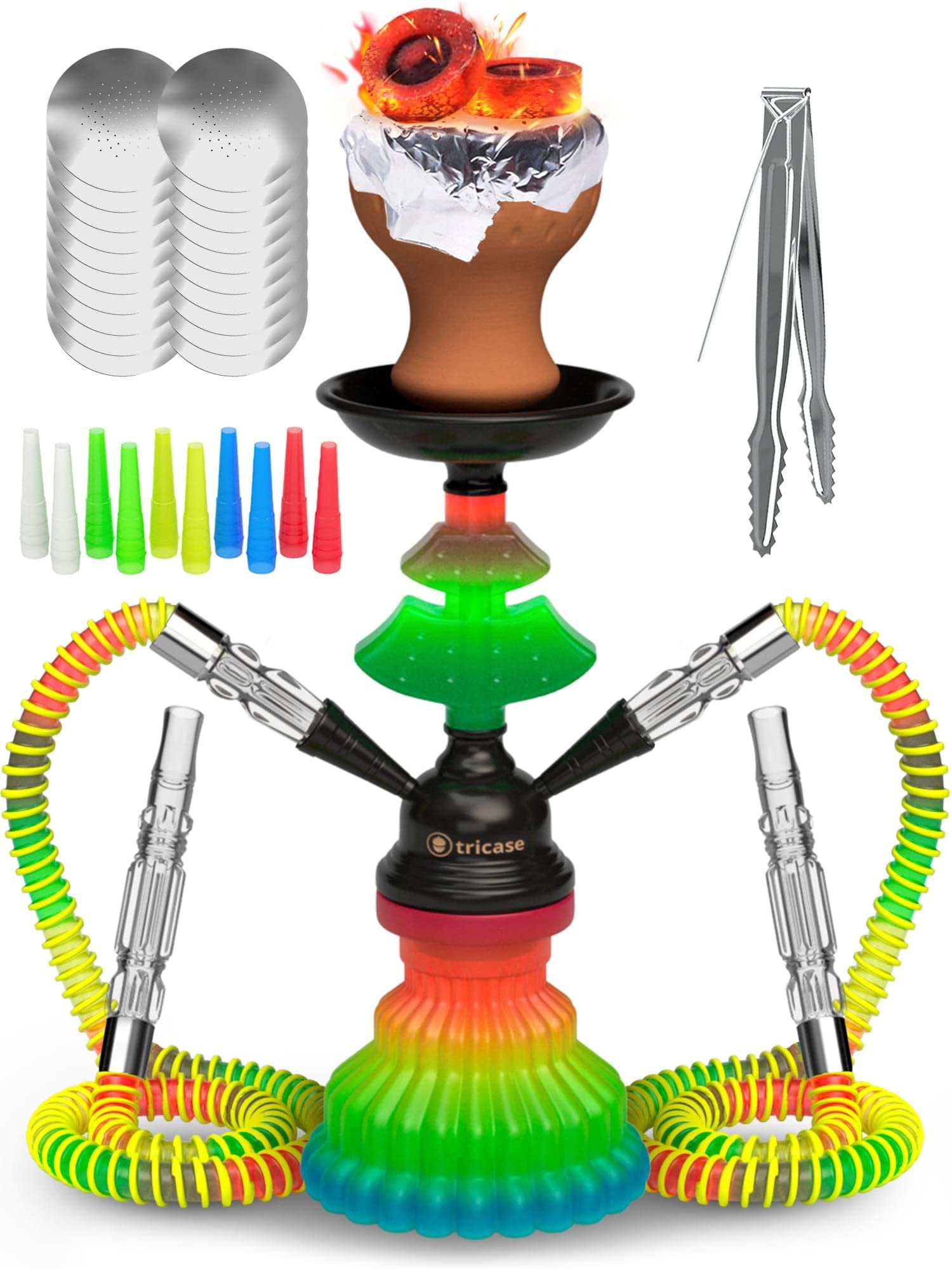 Rasta Hookah Set 2 Hose Hookah - LilOne 12” Colorful Hookah 2 Hose Hookah Set with 50x Foil Hookah Bowl 10x Tips 2x Mouthpiece 2x Colorful Hookah Hose with Tongs Portable Hookah Set With Everything